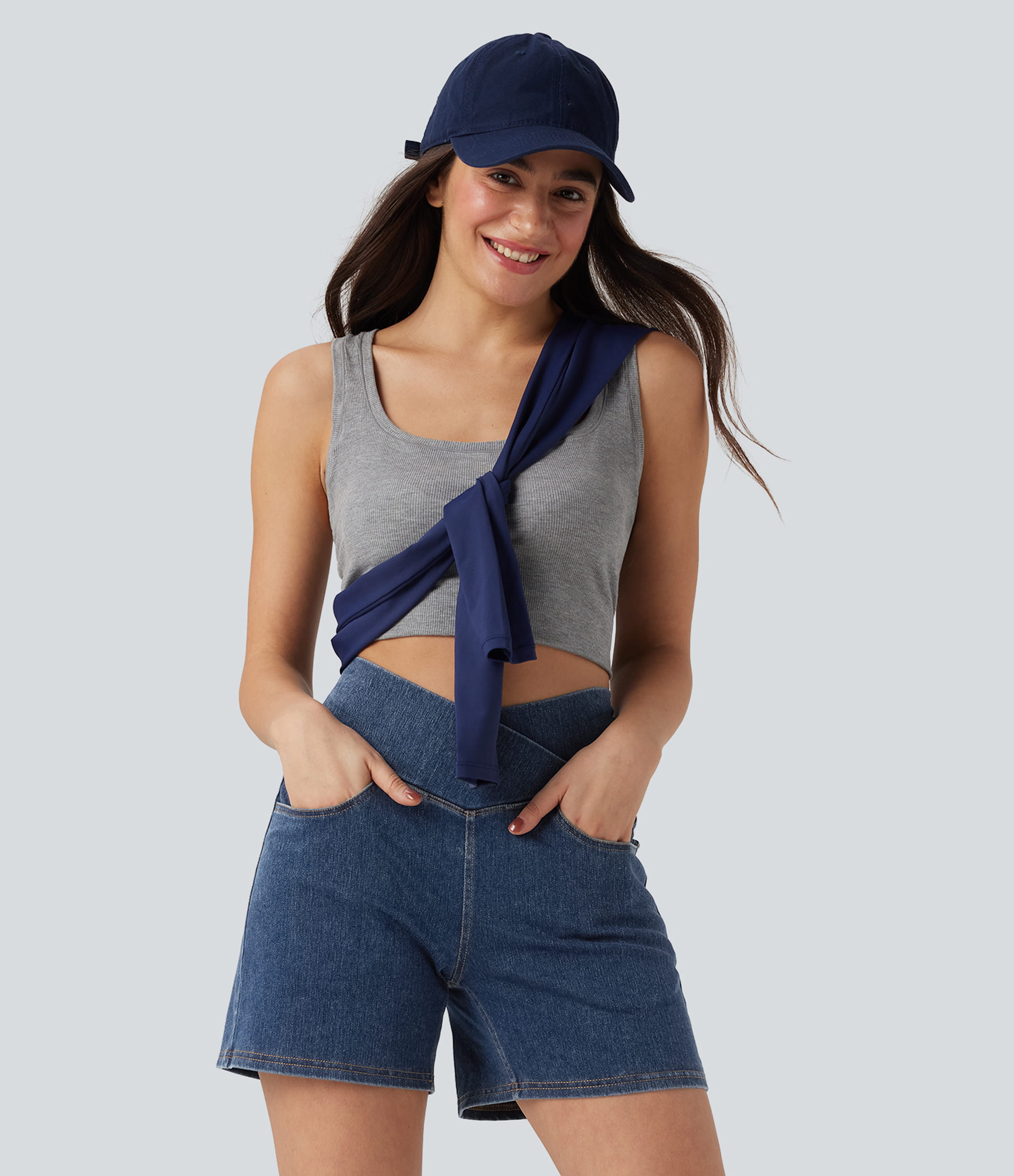 Halara Flex™ Crossover High Waisted Pockets Wide Leg A Line Washed Denim Casual Shorts