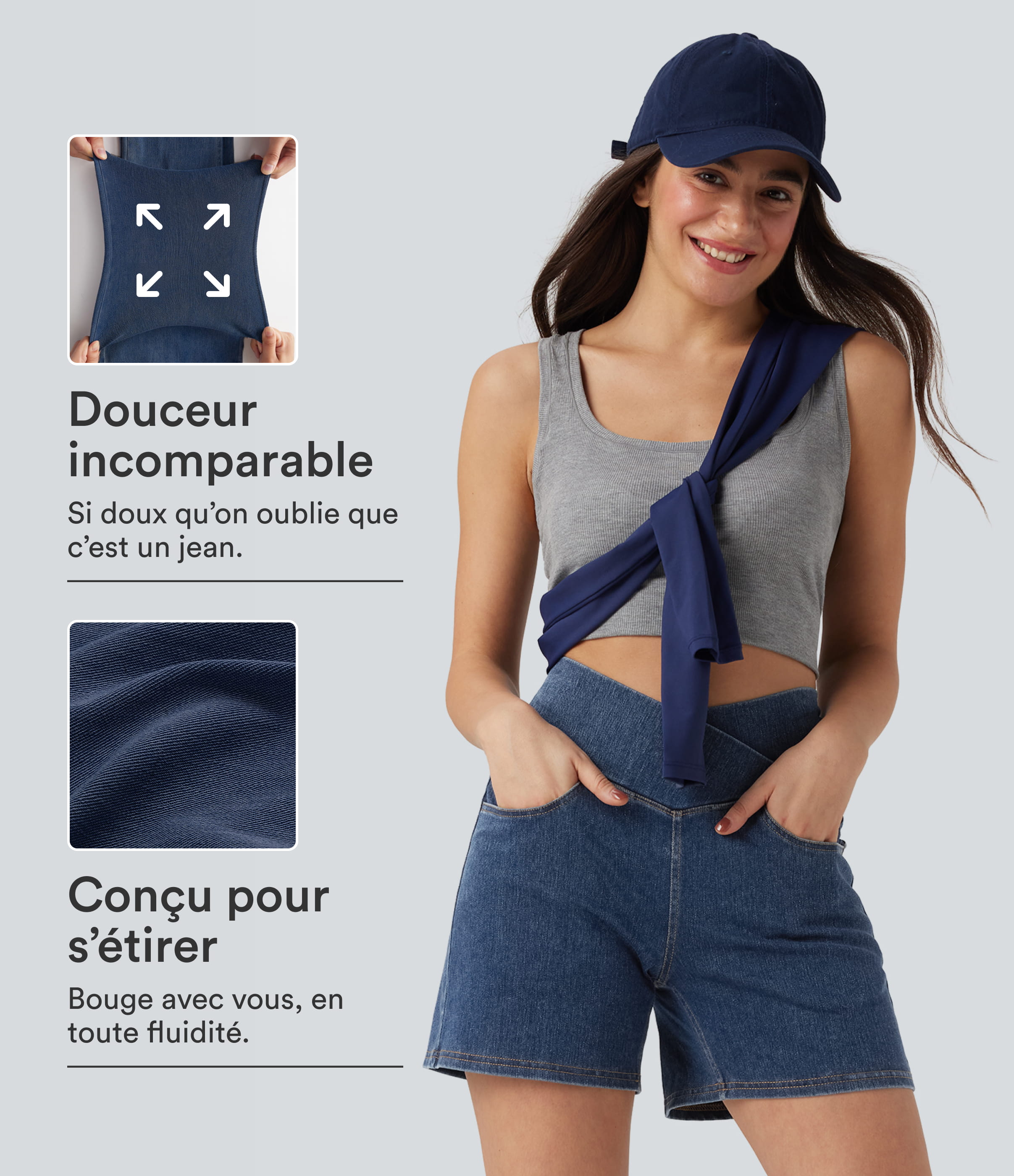 Halara Flex™ Crossover High Waisted Pockets Wide Leg A Line Washed Denim Casual Shorts