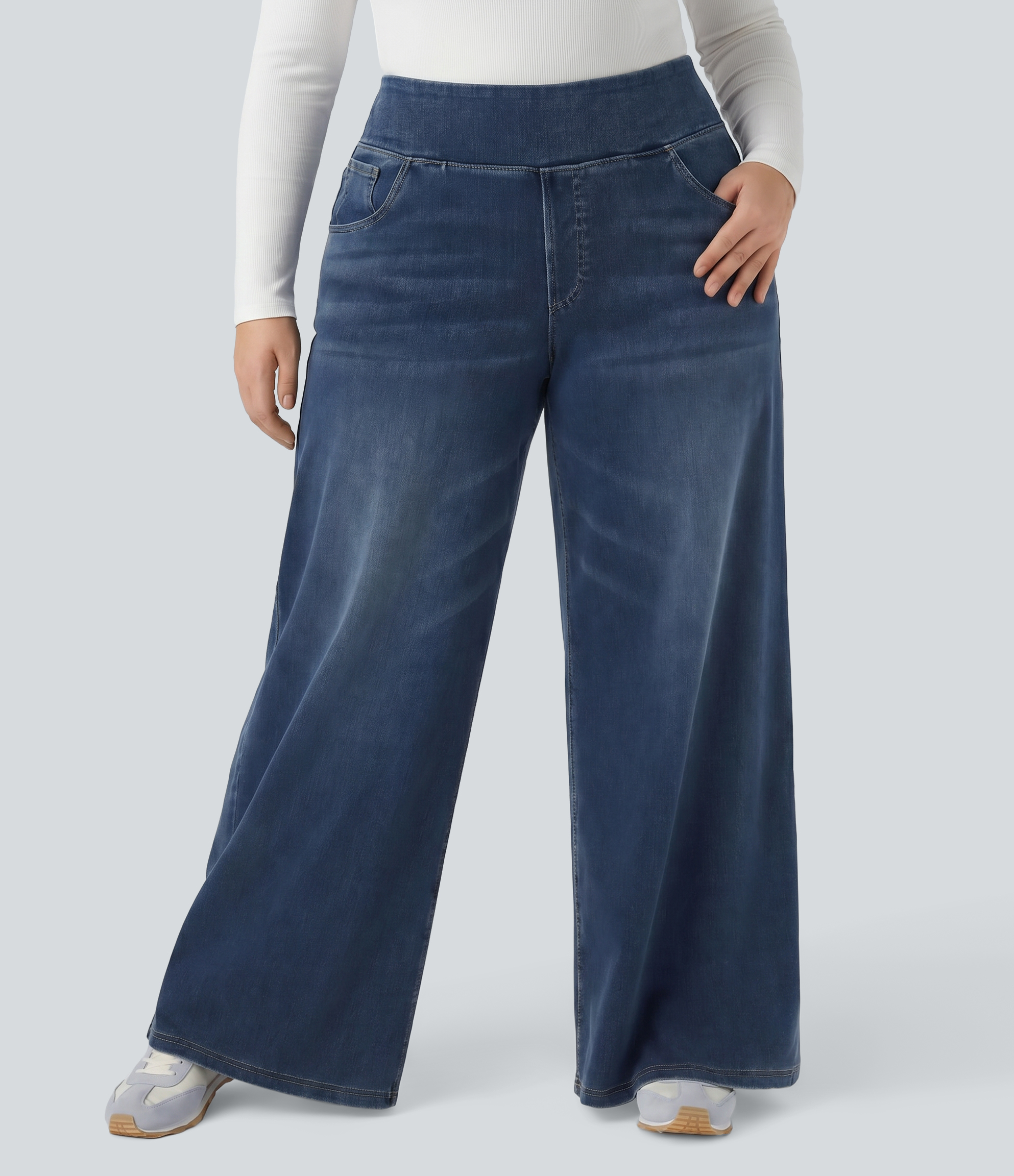 Halara Flex™ High Waisted Pockets Baggy Wide Leg Washed Women Casual Plus Size Denim Jeans