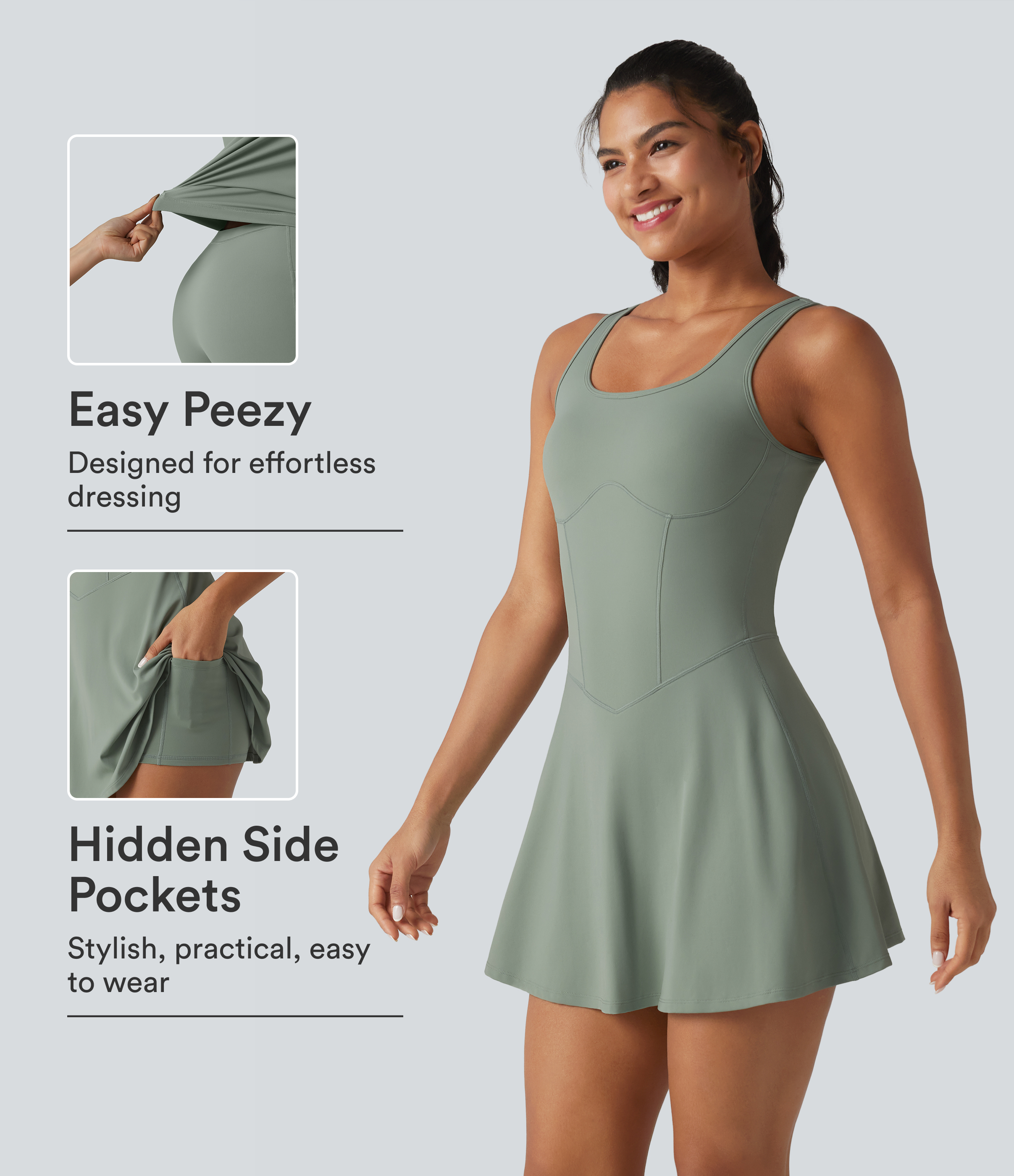U Neck Sleeveless 2-in-1 Built-in Bra Mini Workout Active Dress with Pockets-Easy Peezy