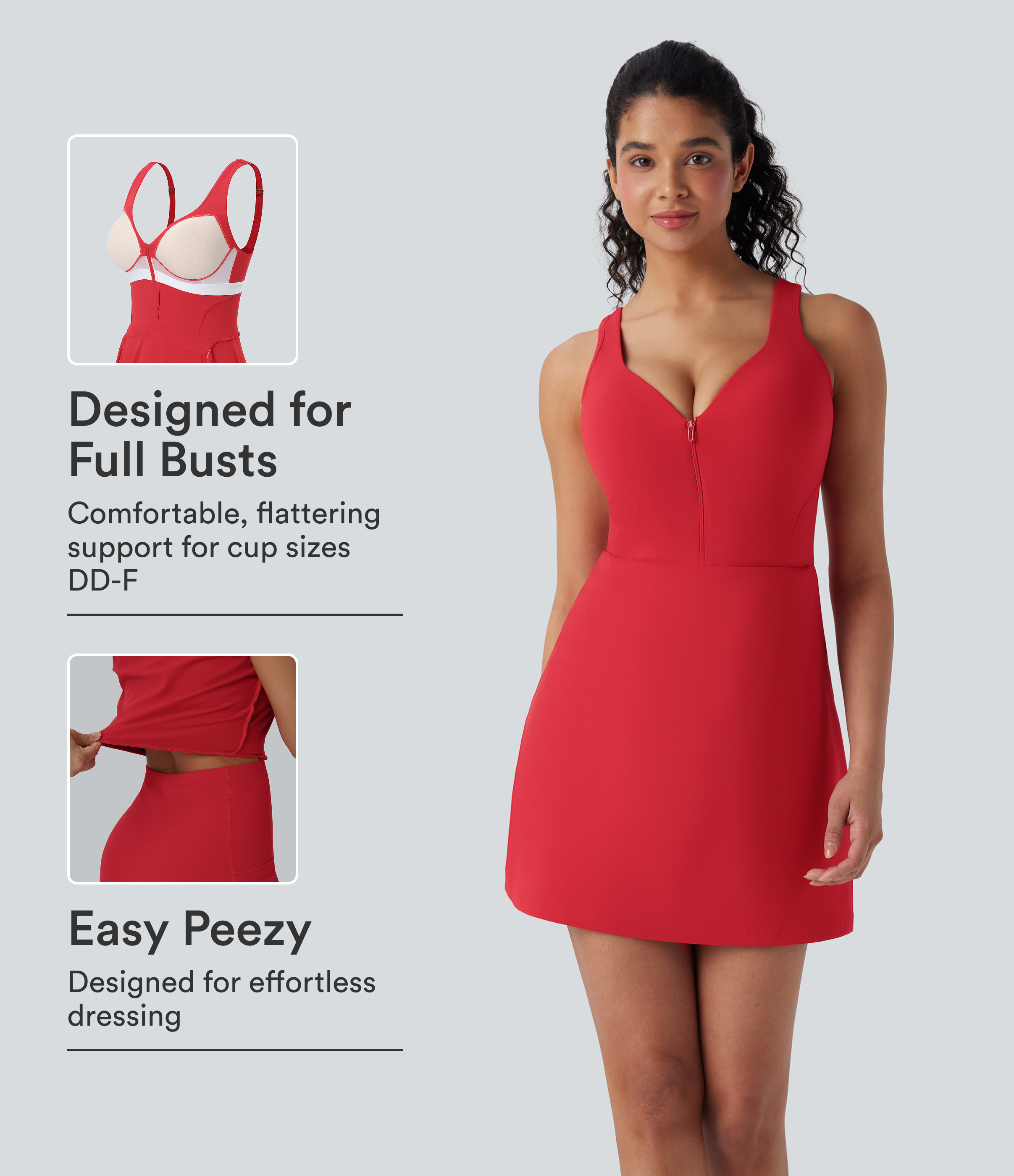 Vestido deportivo SoftlyZero™ Plush afelpado 2 en 1 con push-up, copas moldeadas, cierre con cremallera, bolsillos de edición Easy Peezy en copas D-F