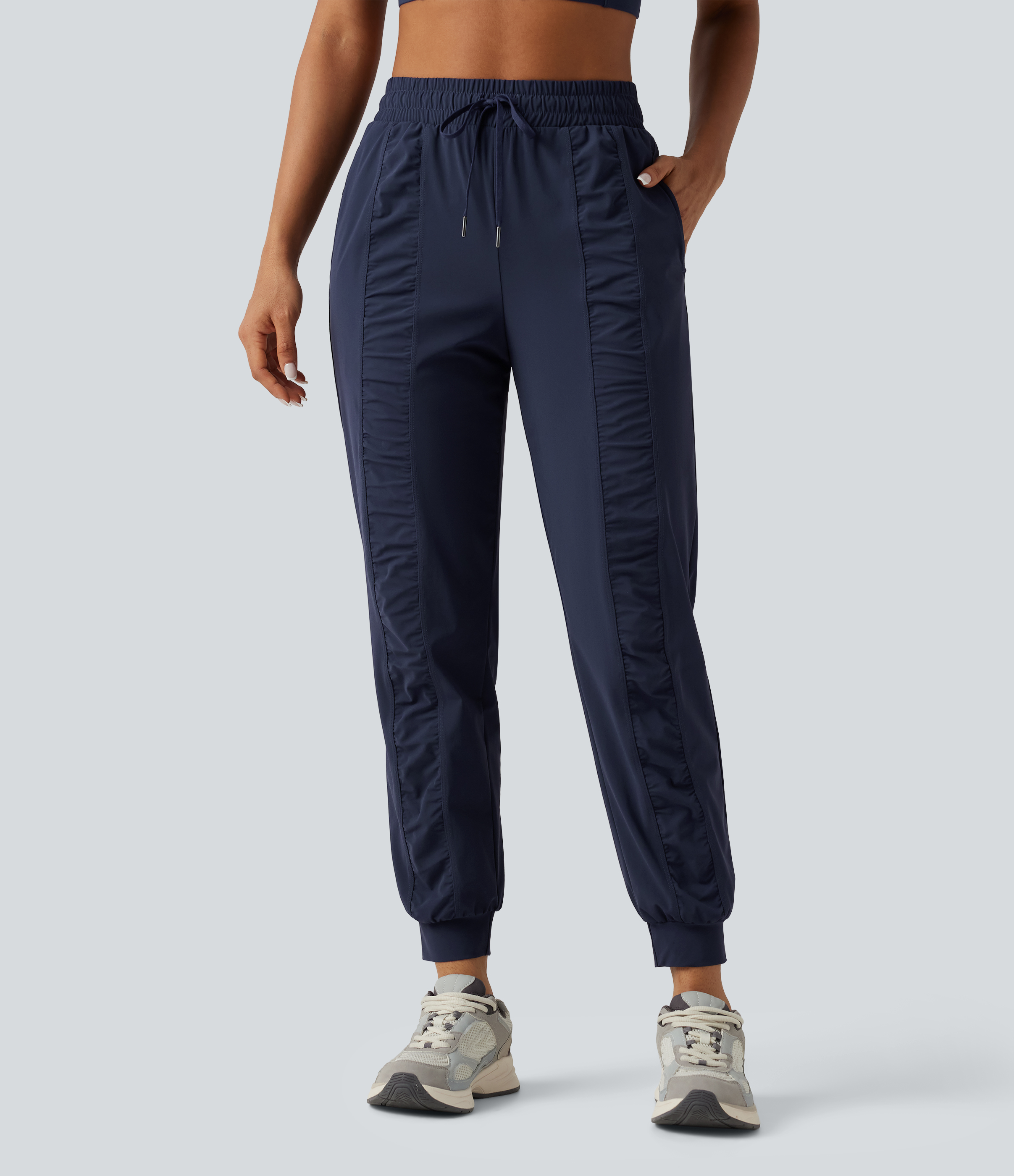 High Waisted Drawstring Ruched Tapered Quick Dry Cool Touch Running Joggers with Pockets-UPF40+
