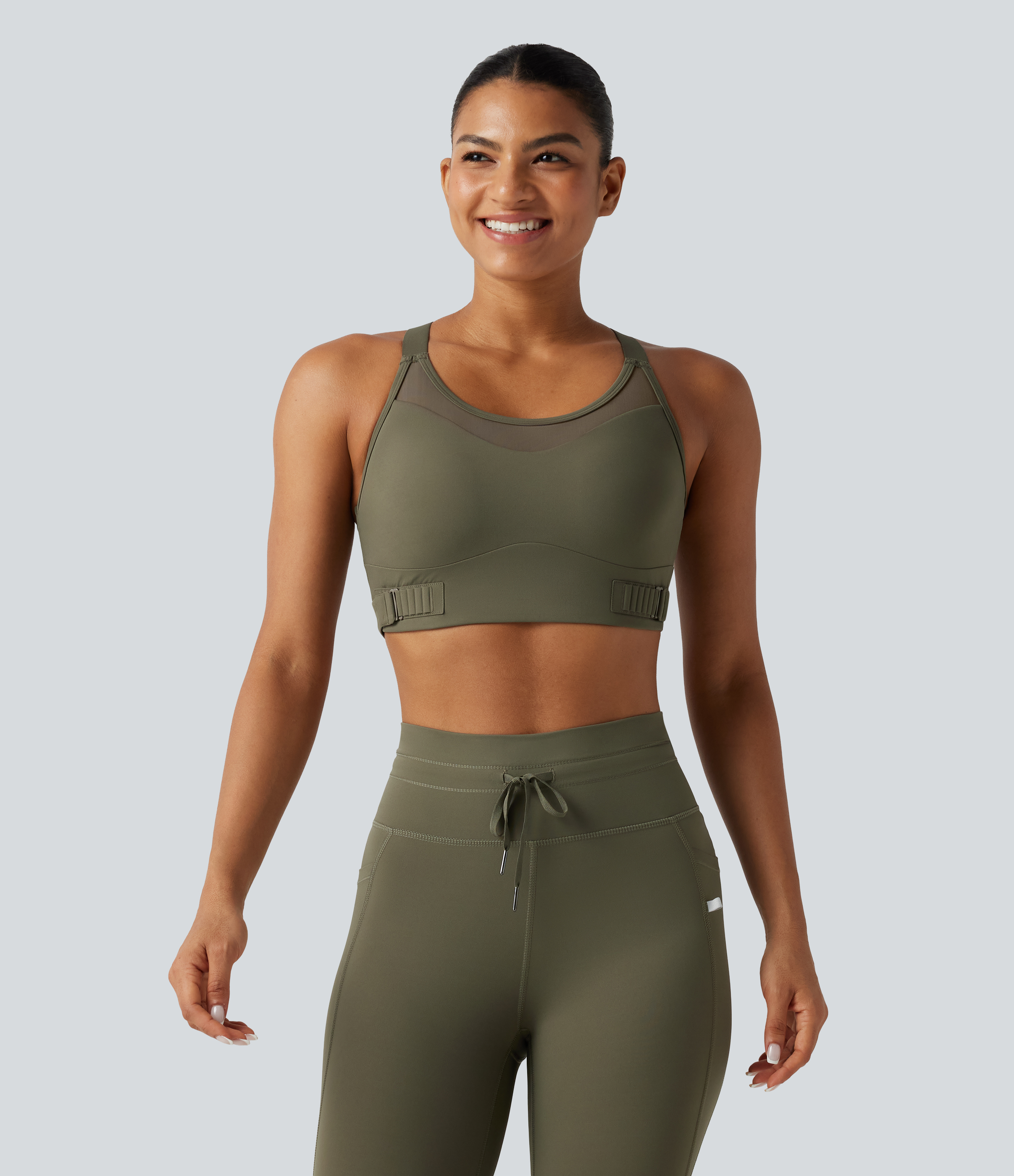 Grass Grey Green Medium Support Crisscross Back Adjustable Buckle Breathable Mesh Built-in Bra InstantCool Quick Dry Training Sports Bra-UPF50+ / 2