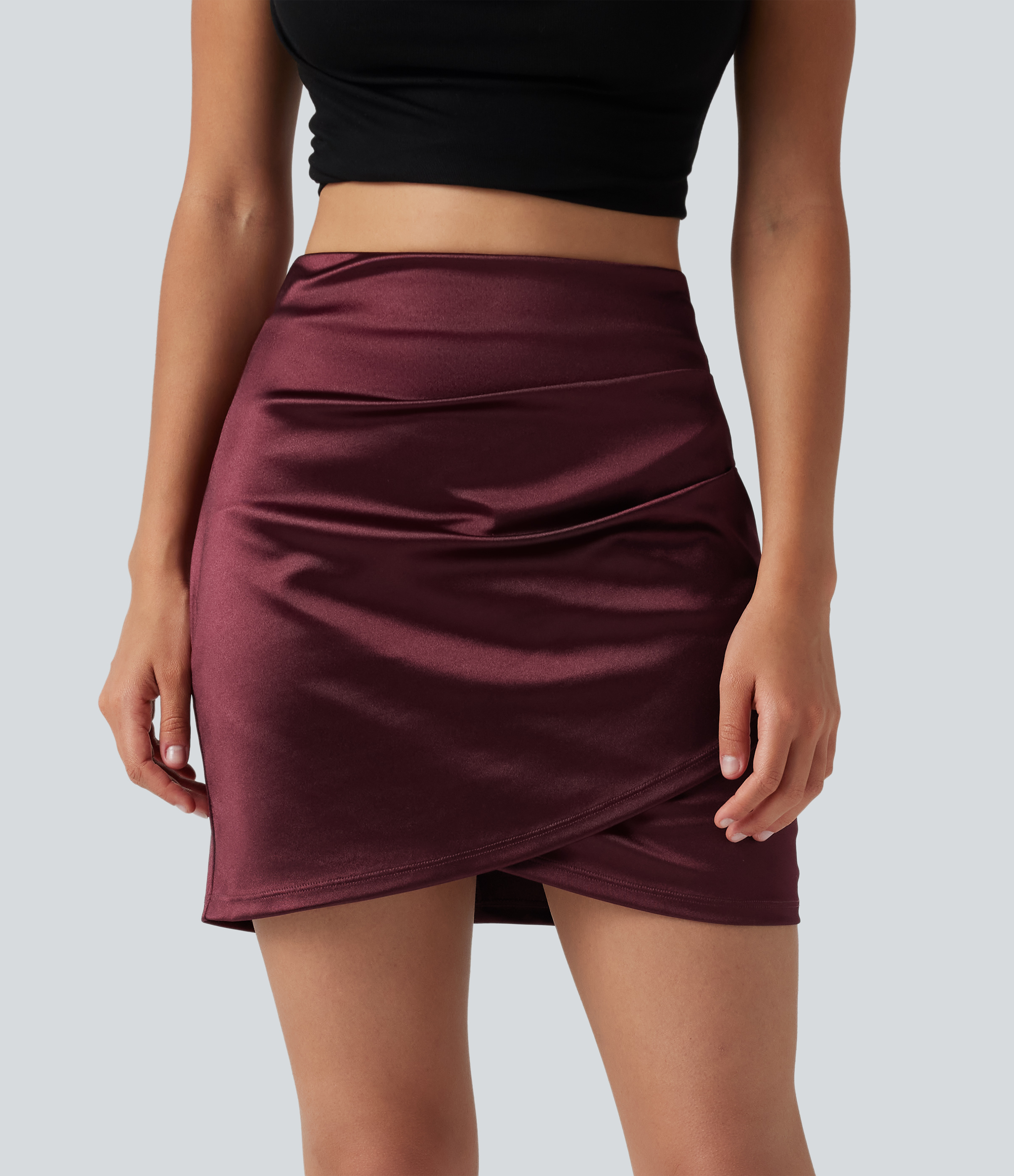 High Waisted Ruched Crossover Hem 2-in-1 Bodycon Satin Mini Casual Skirt