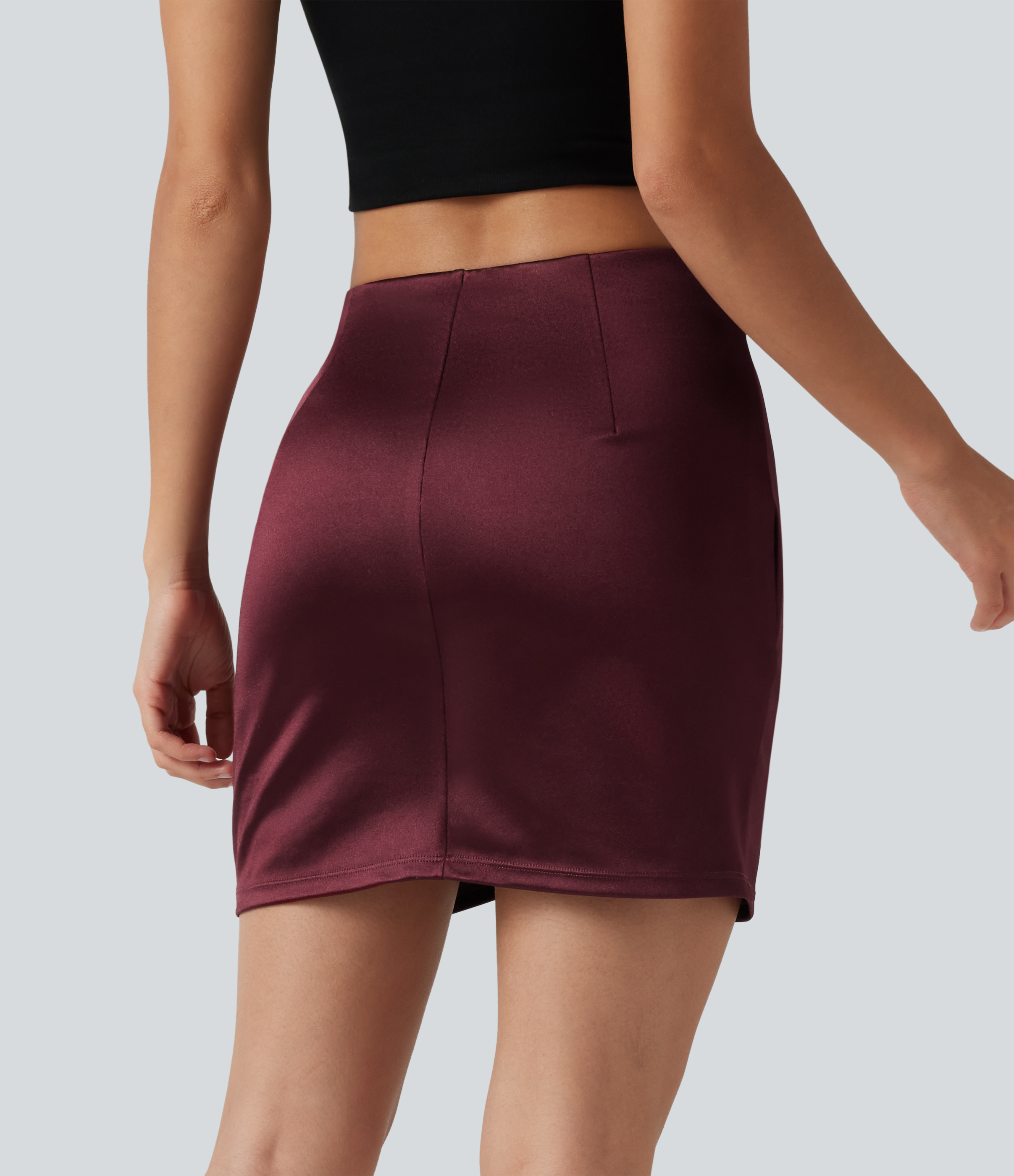Zinfandel High Waisted Ruched Crossover Hem 2-in-1 Bodycon Satin Mini Casual Skirt / 2
