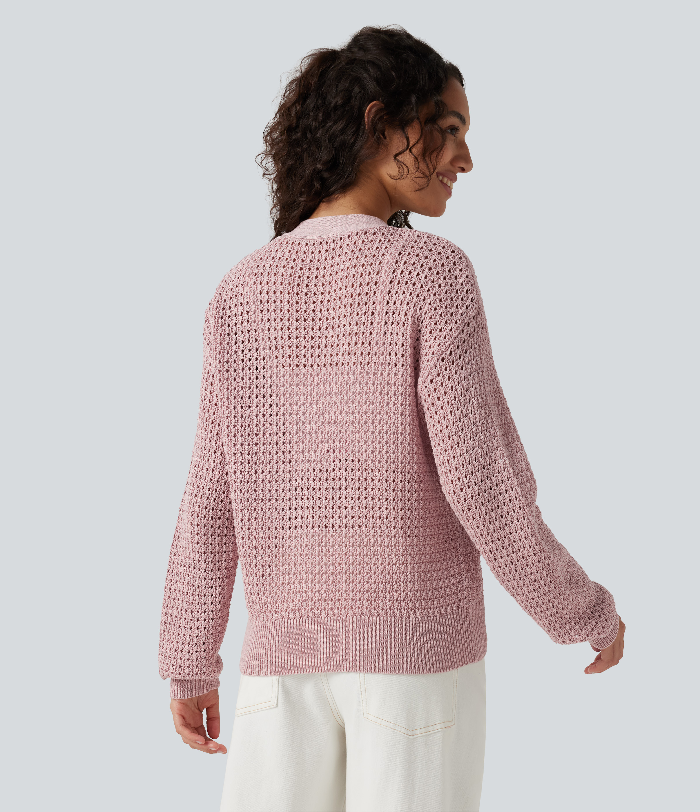 Pale Lilac Cardigan décontracté en maille tricotée col V manches longues / 2
