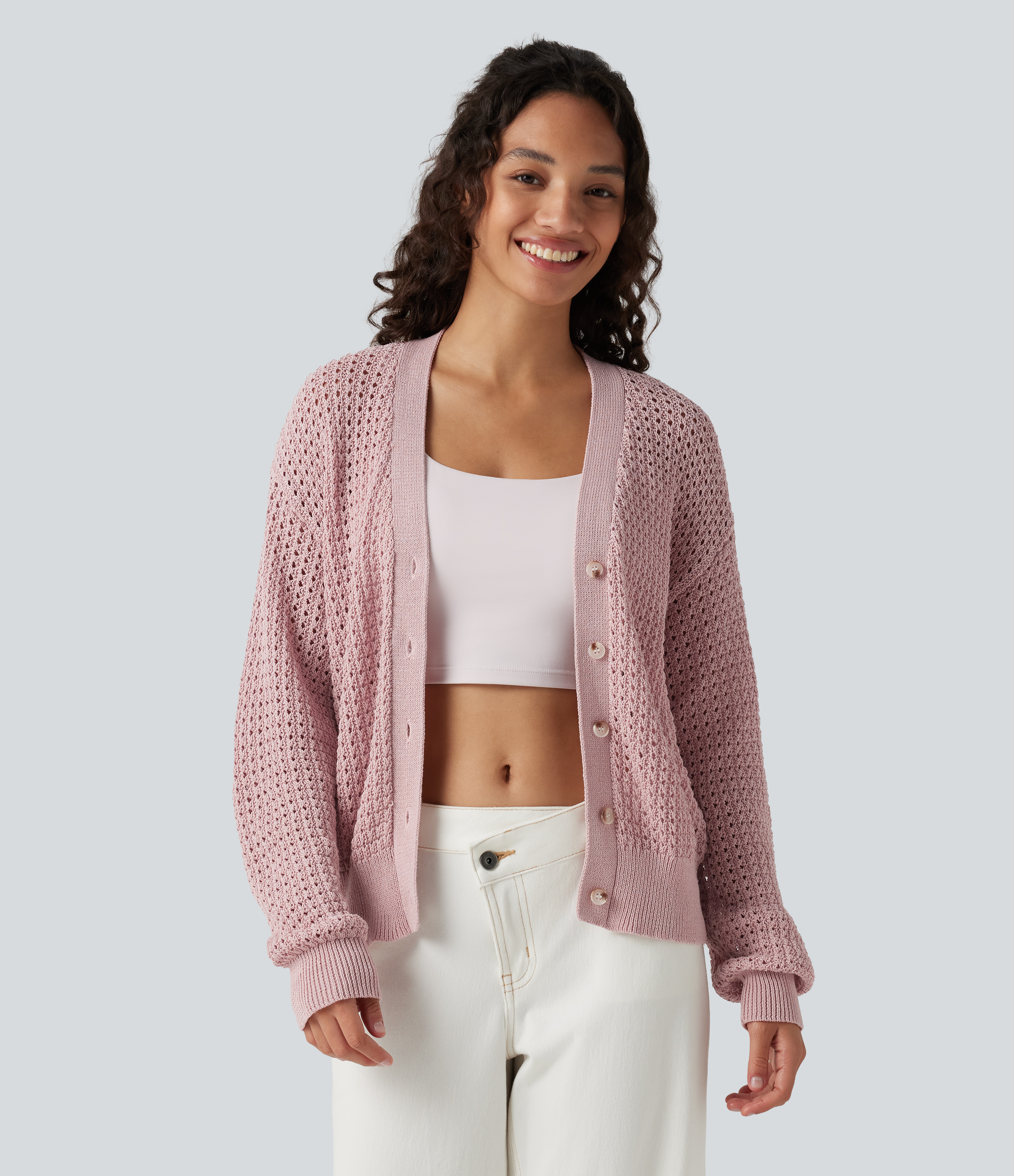 Cardigan décontracté en maille tricotée col V manches longues