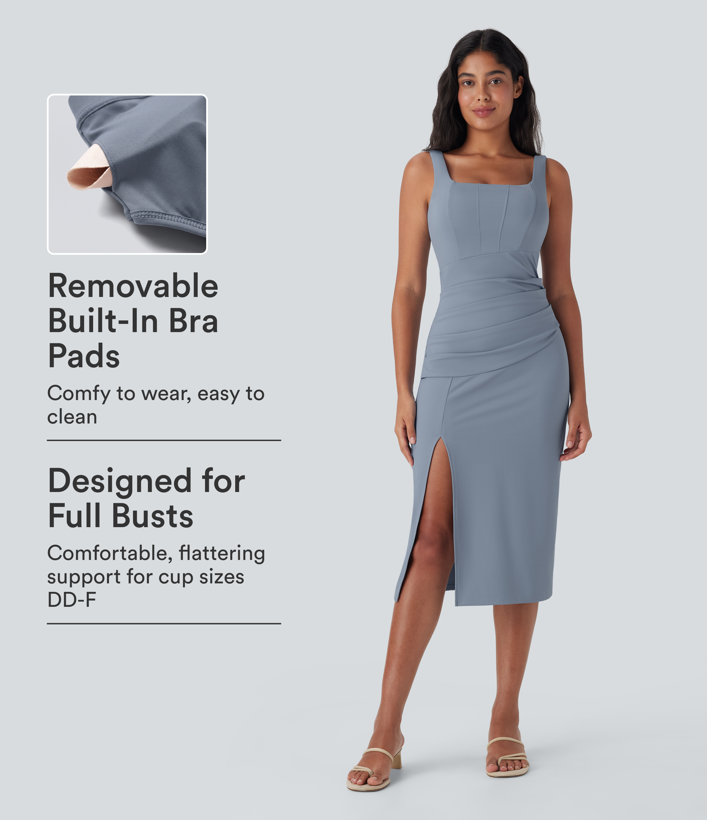 SoftlyZero™ Airy Square Neck Corset Ruched Bodycon Midi Cool Touch Dress DD-F Cups