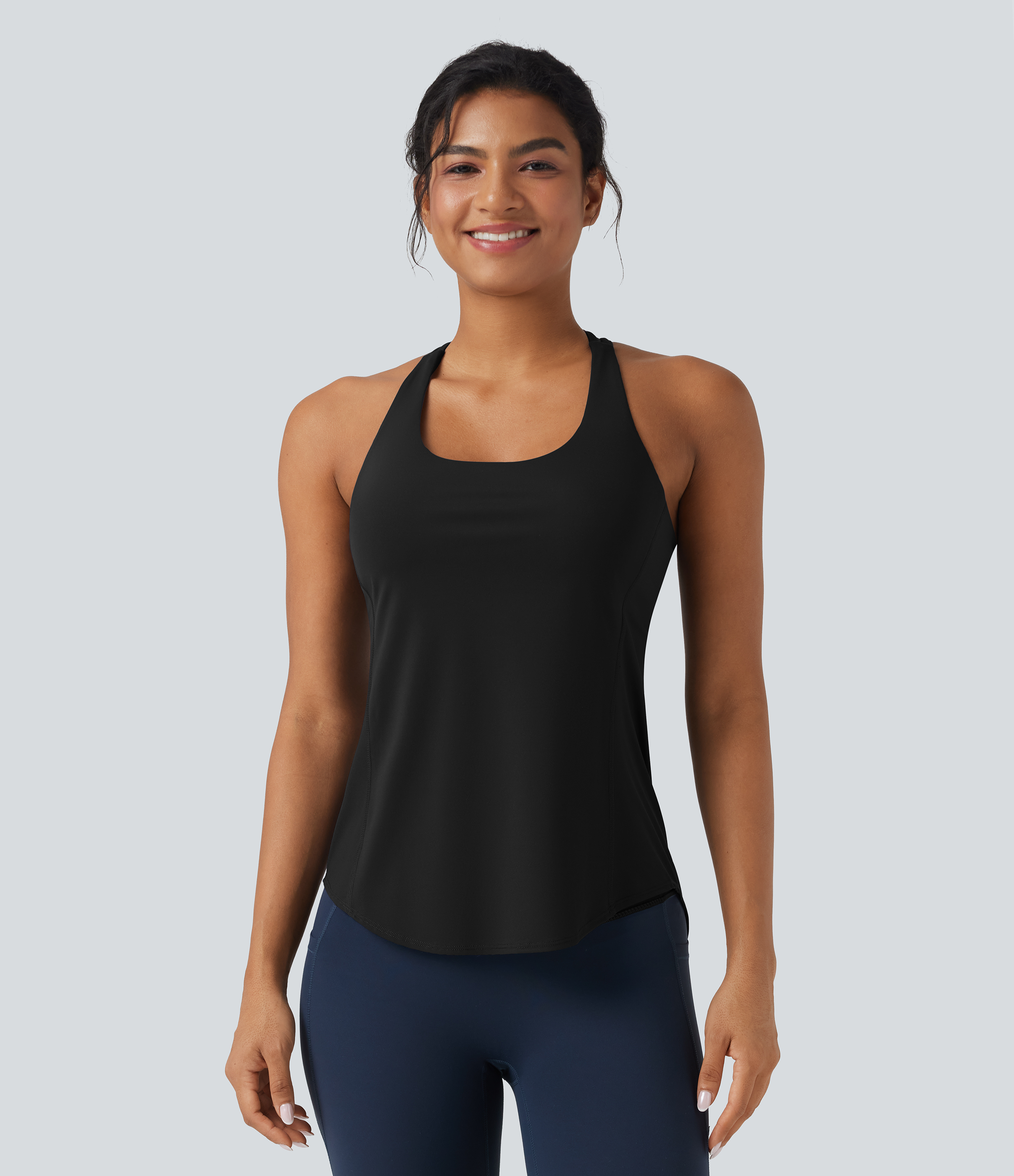 Black Halara UltraSculpt™ Round Neck Crisscross Back Running Tank Tops DD-F Cups / 2