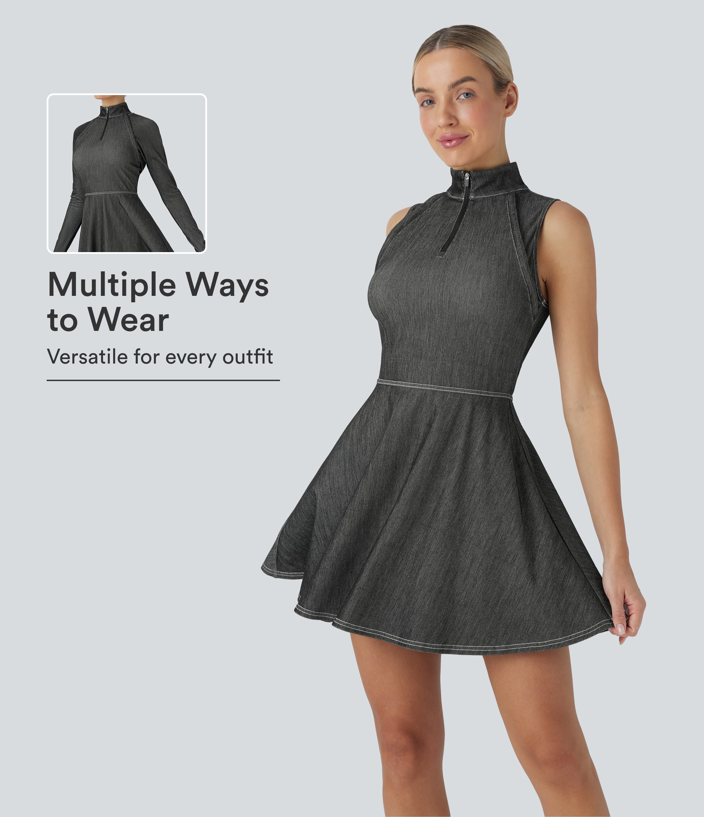 Halara Flex™ Zipper Removable Sleeve Thumb Hole Flare Mini Cool Touch Washed Denim Tennis Active Dress