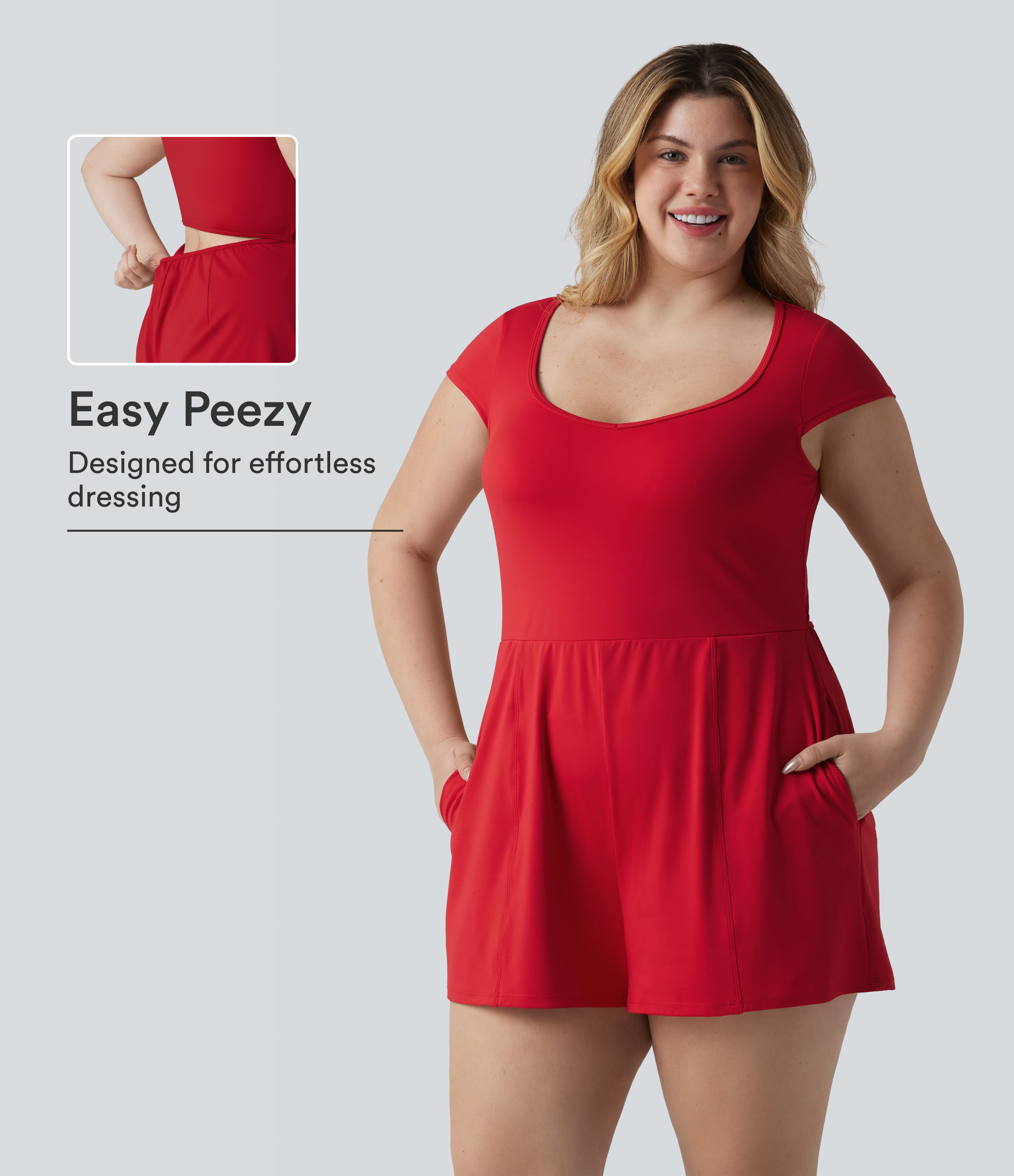 Plus Size SoftlyZero™ Airy U Neck Cap Sleeve InstantCool Yoga Romper with Pockets-Easy Peezy Edition
