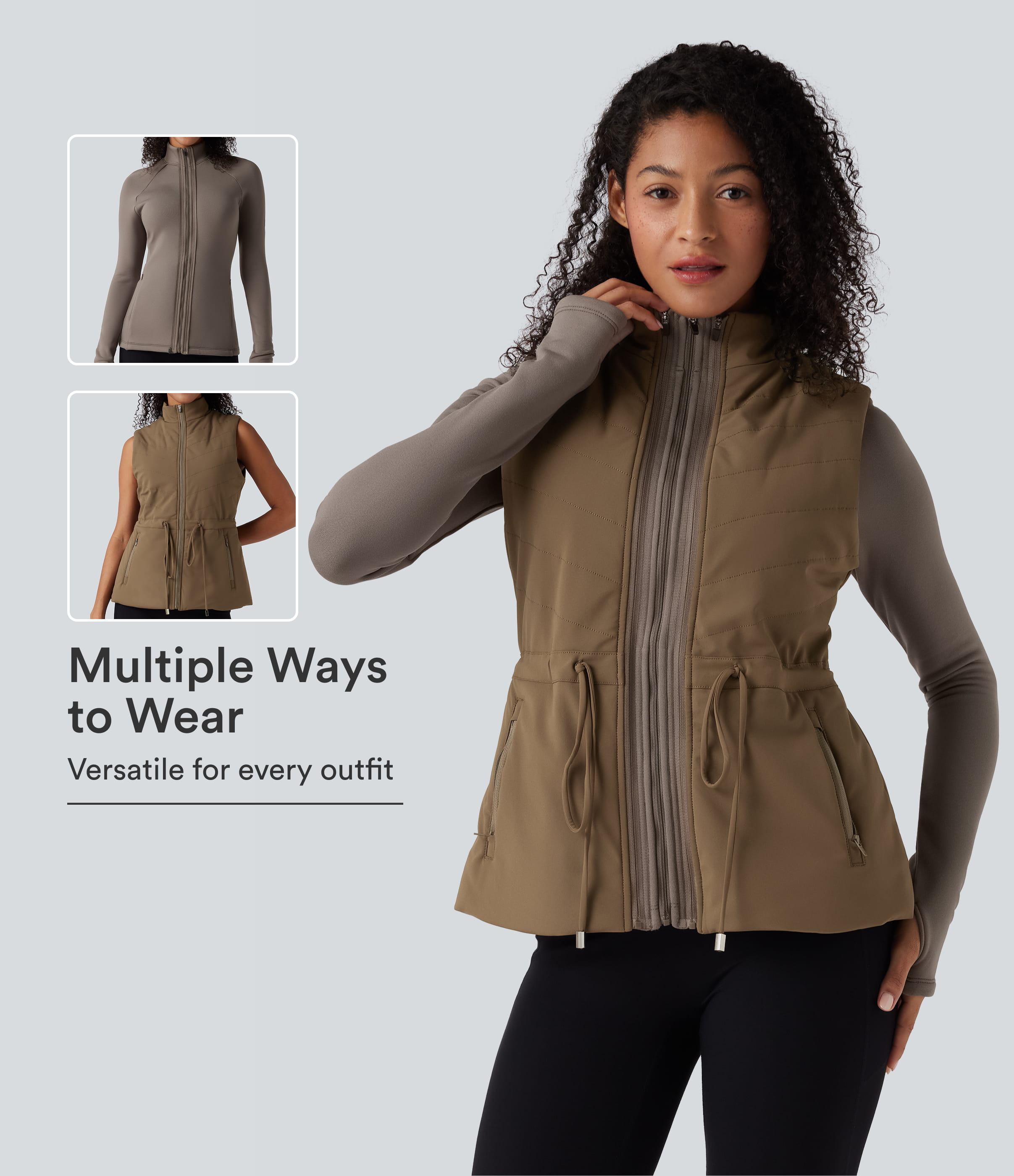 PuffFlex 3-in-1 High-Neck Long Sleeve Thumb Holes Fleece Jacket &Quilted Vest with Pockets
