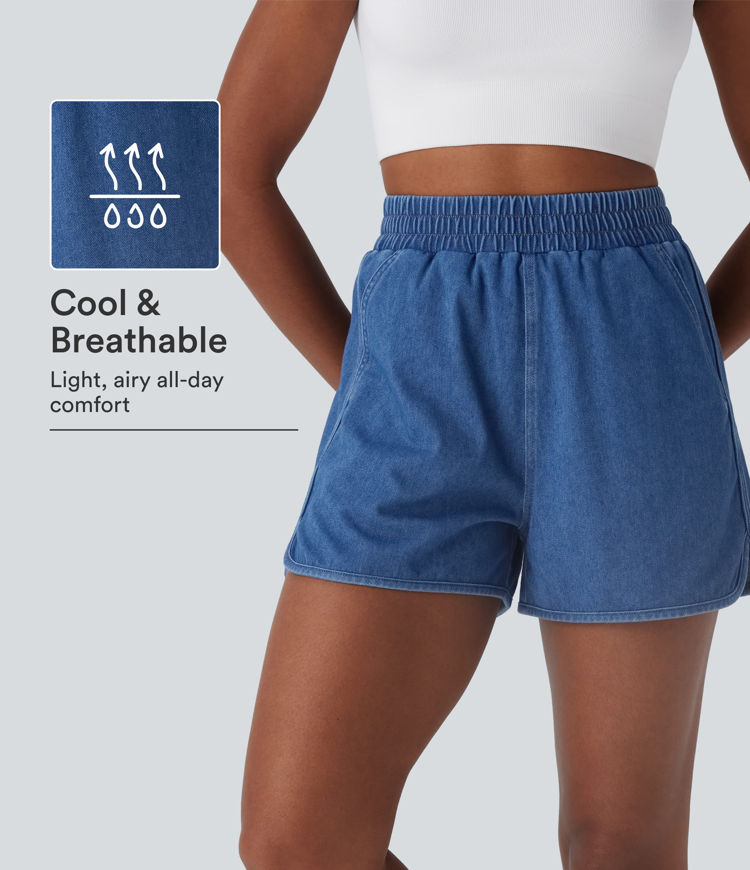 Halara Flex™ High Waisted Curved Hem Cool Touch Washed Denim Casual Shorts with Pockets