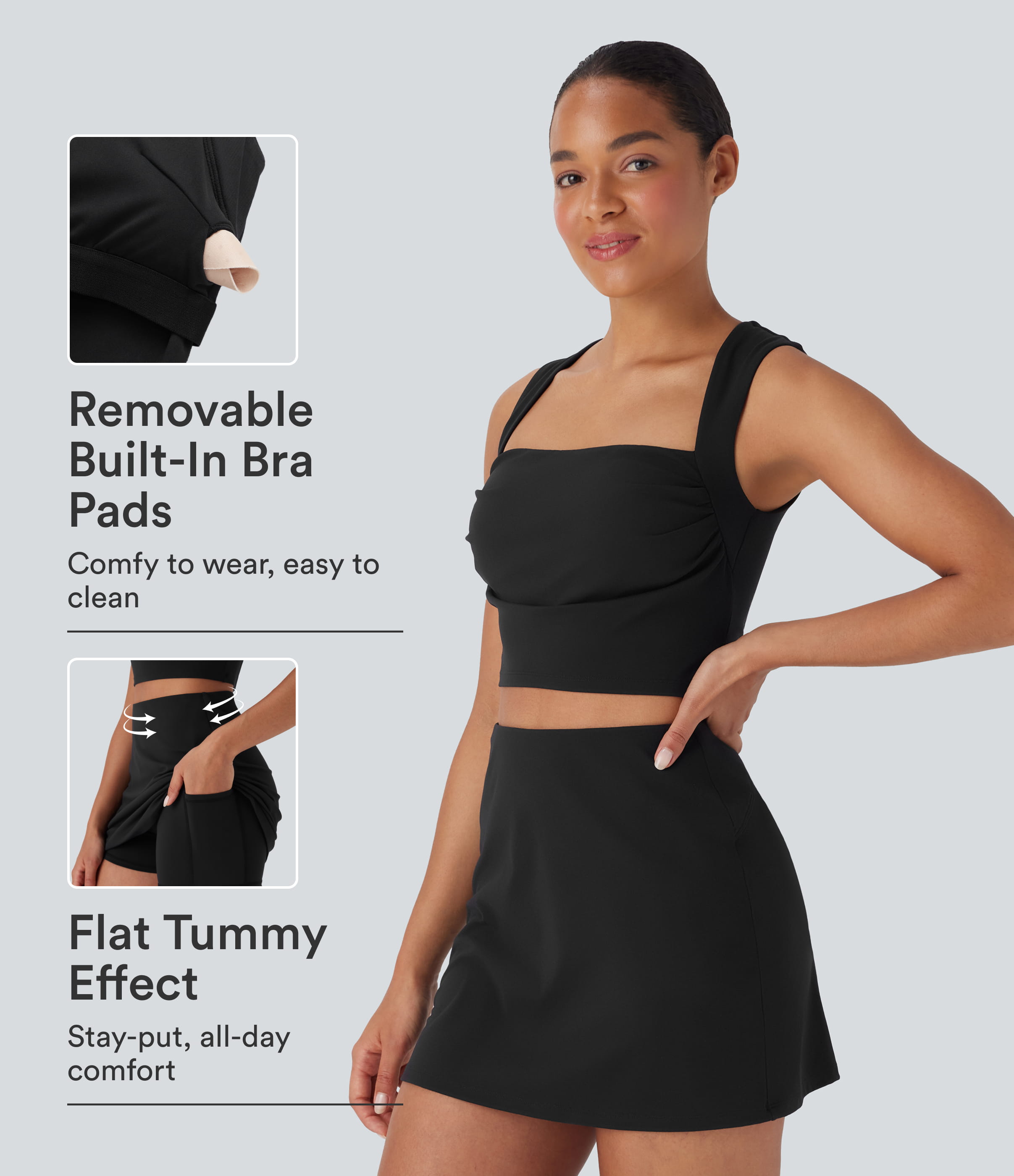 SoftlyZero™ Plush Square Neck Ruched Tank Top And Tummy Control 2-in-1 Yoga Skirt Set with Pocket