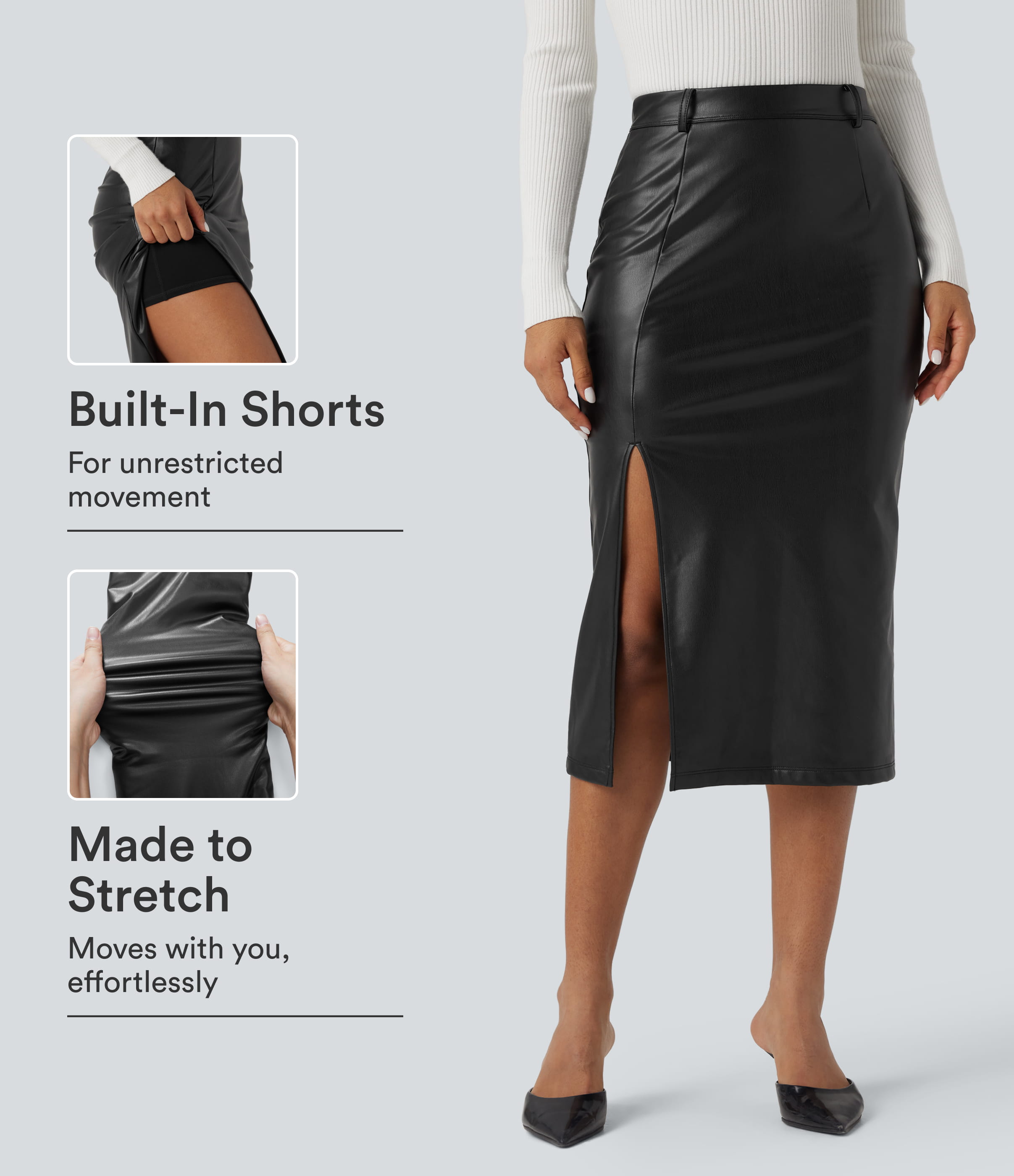 High Waisted Tummy Control 2-in-1 Midi Casual PU Leather Skirt