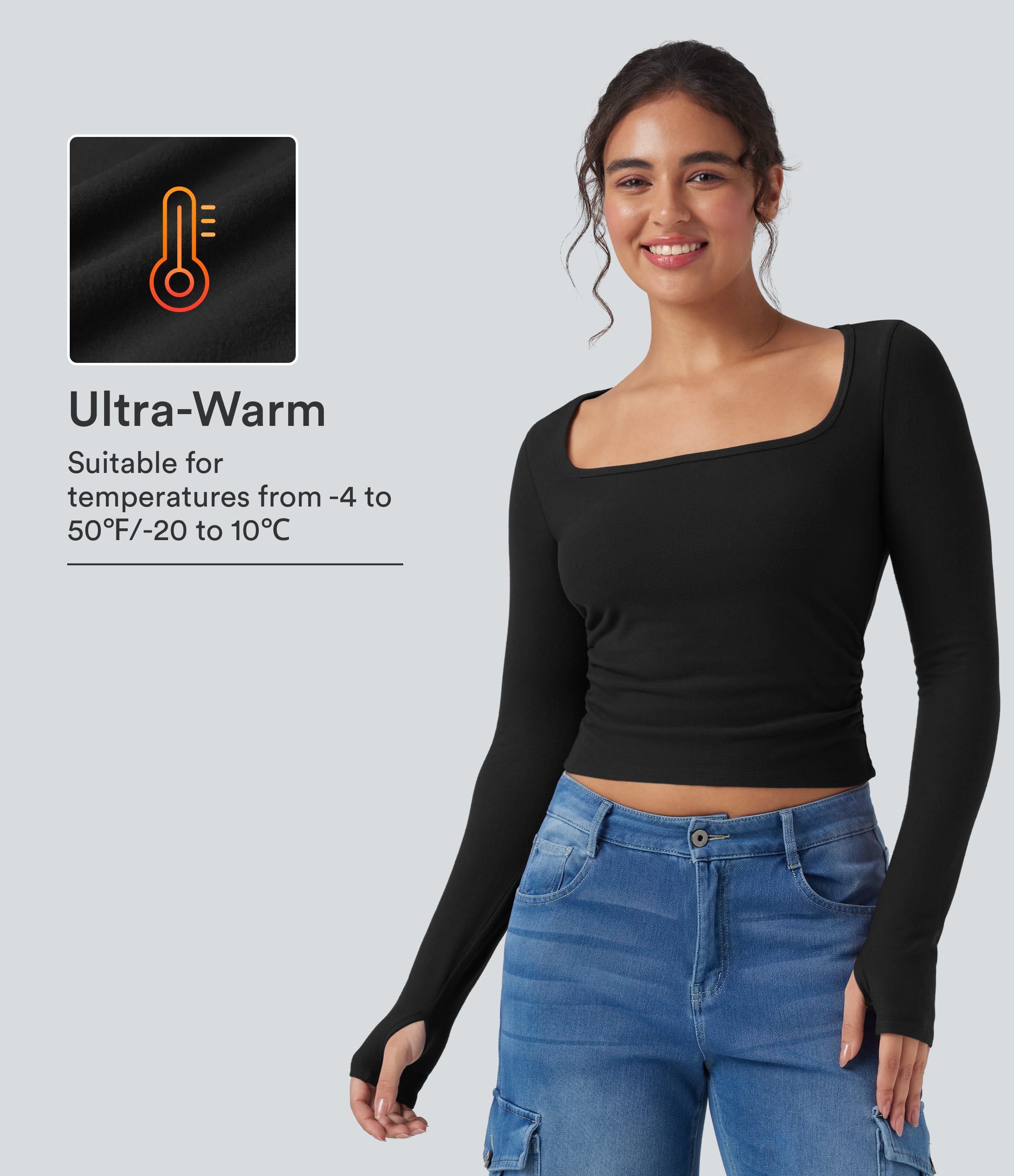 Halara HeatCore U-Neck Long Sleeve Thumb Holes Ruched Slim Casual Warming Top