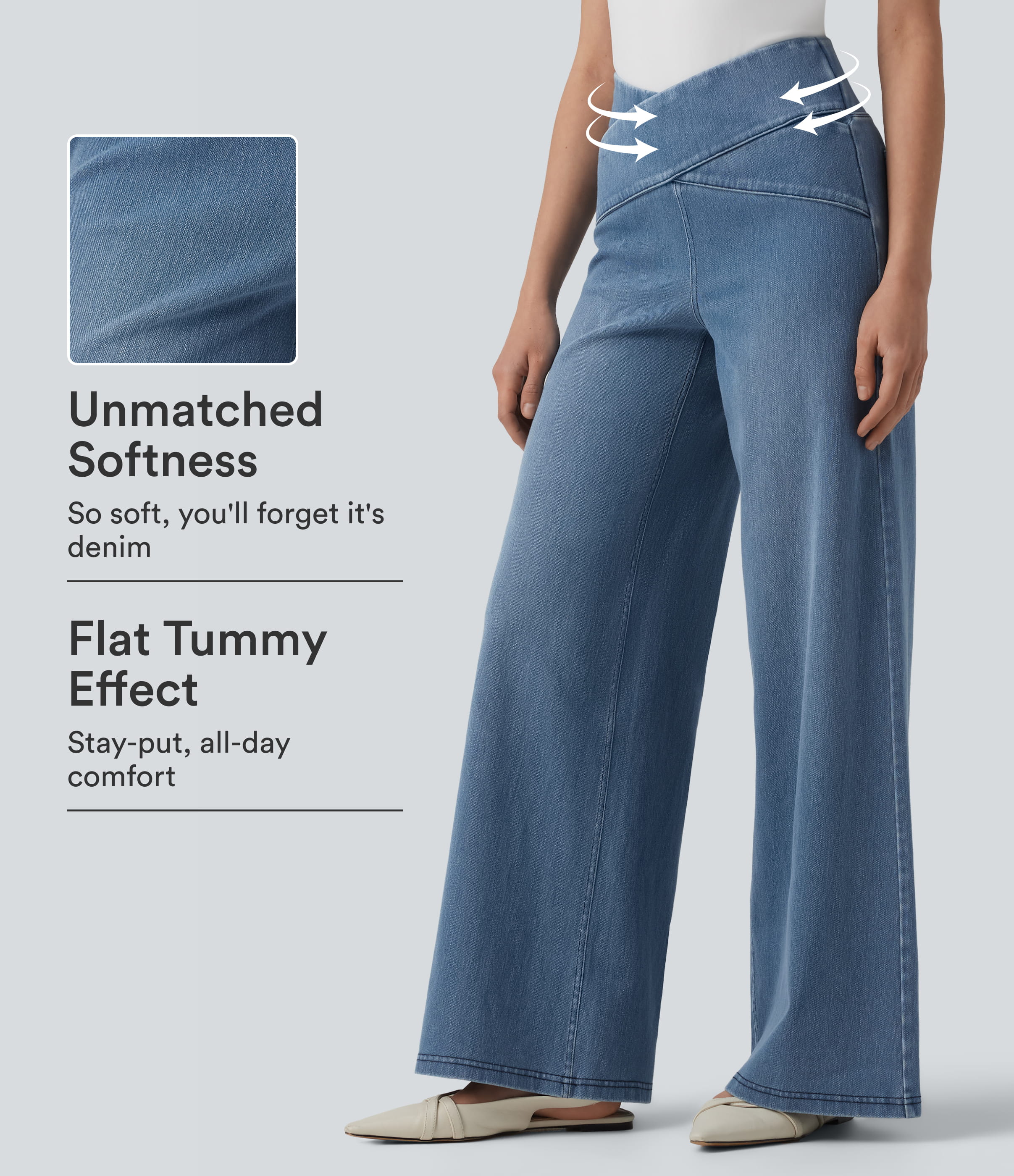 Halara Flex™ Crossover High Waisted Tummy Control Casual Wide Leg Jeans with Pockets