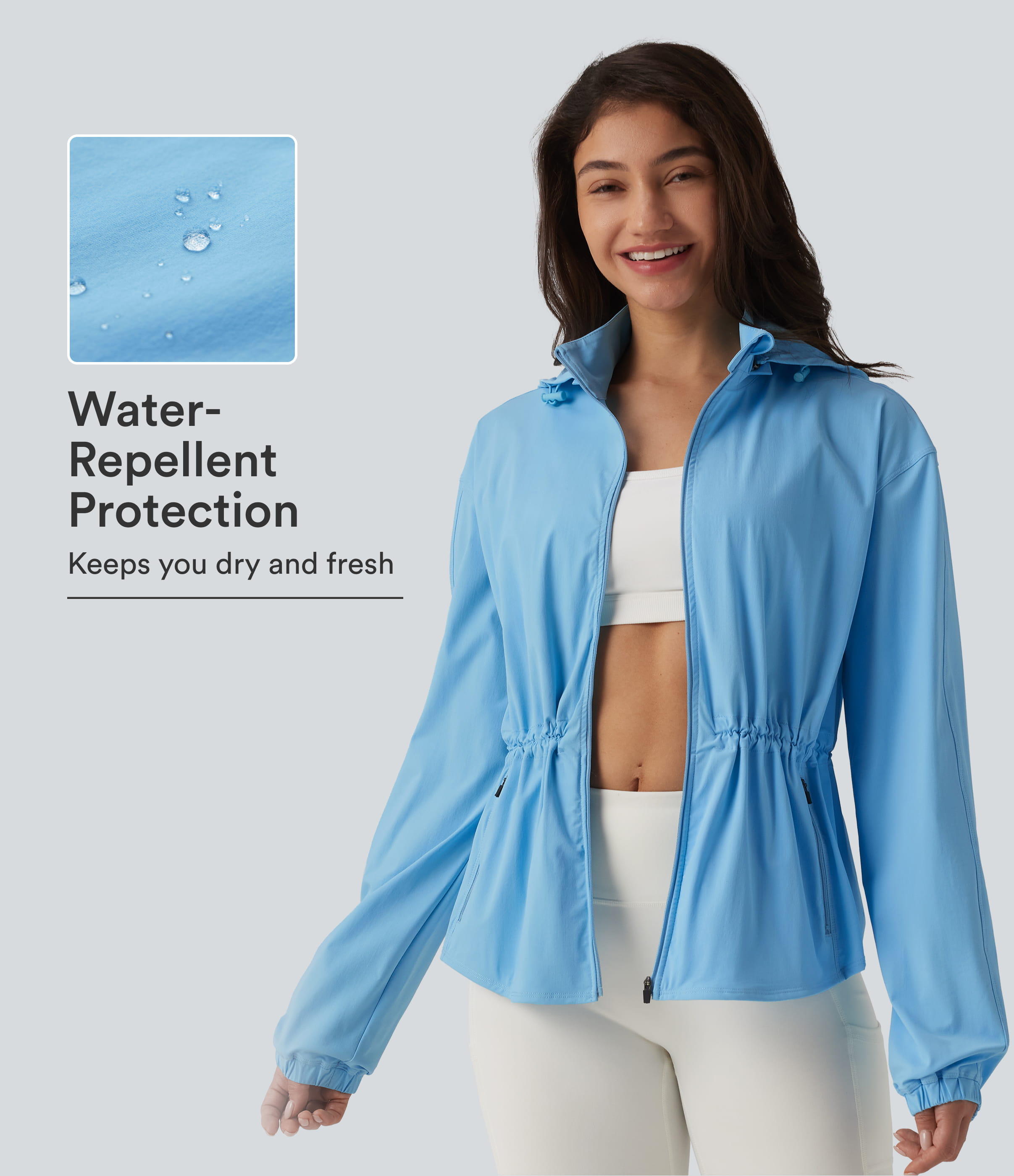 Durable Water Repellent Removable Hood Drawstring Workout Jacket with Zip Pockets
