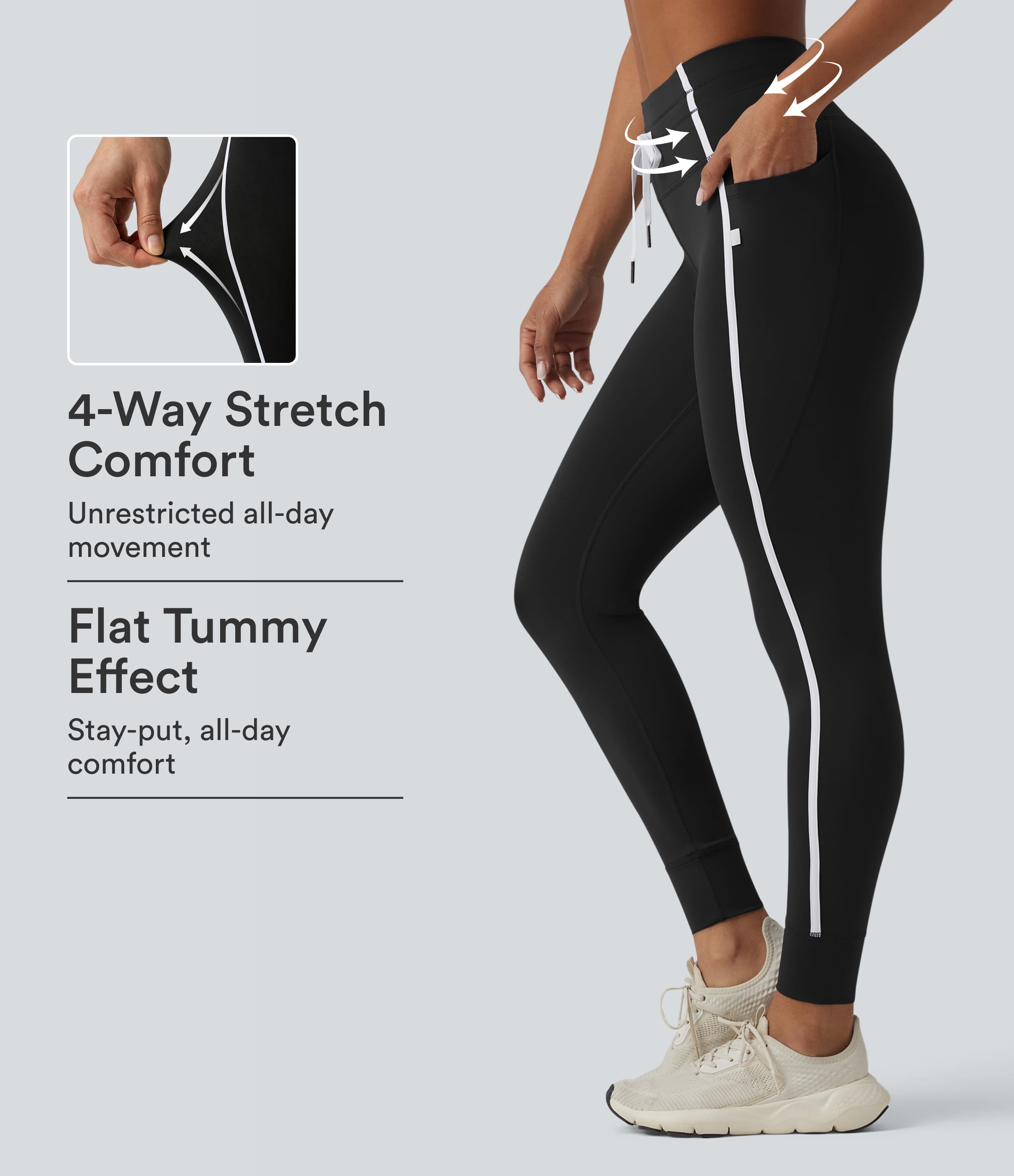 High Waisted Drawstring Tummy Control Color Block Stripe 7/8 Yoga Leggings with Pockets