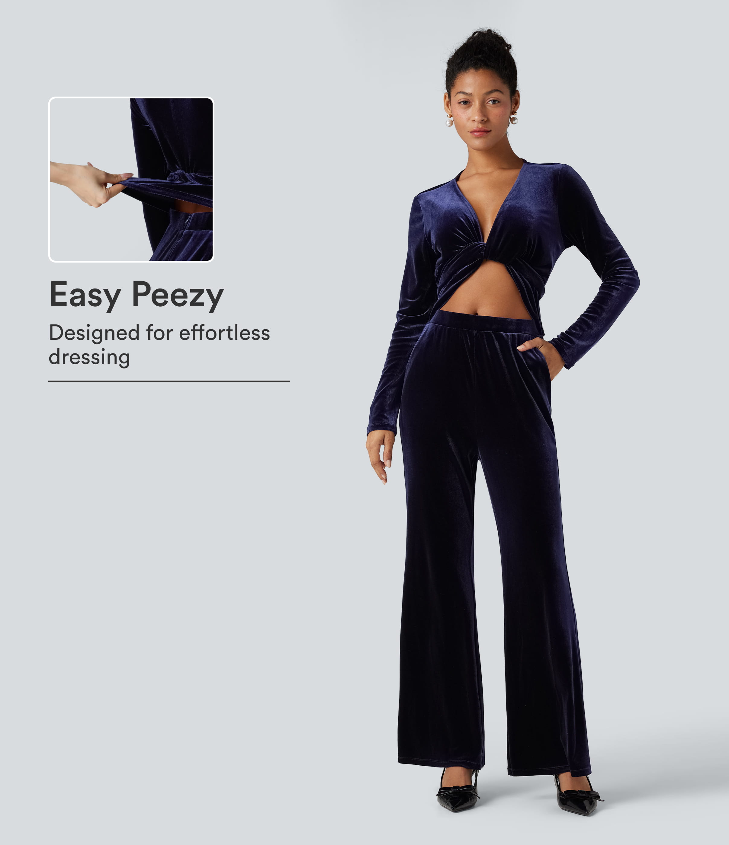 Deep V-neck Long Sleeve Twisted Tie Back Velvet Party Jumpsuit with Pockets-Easy Peezy