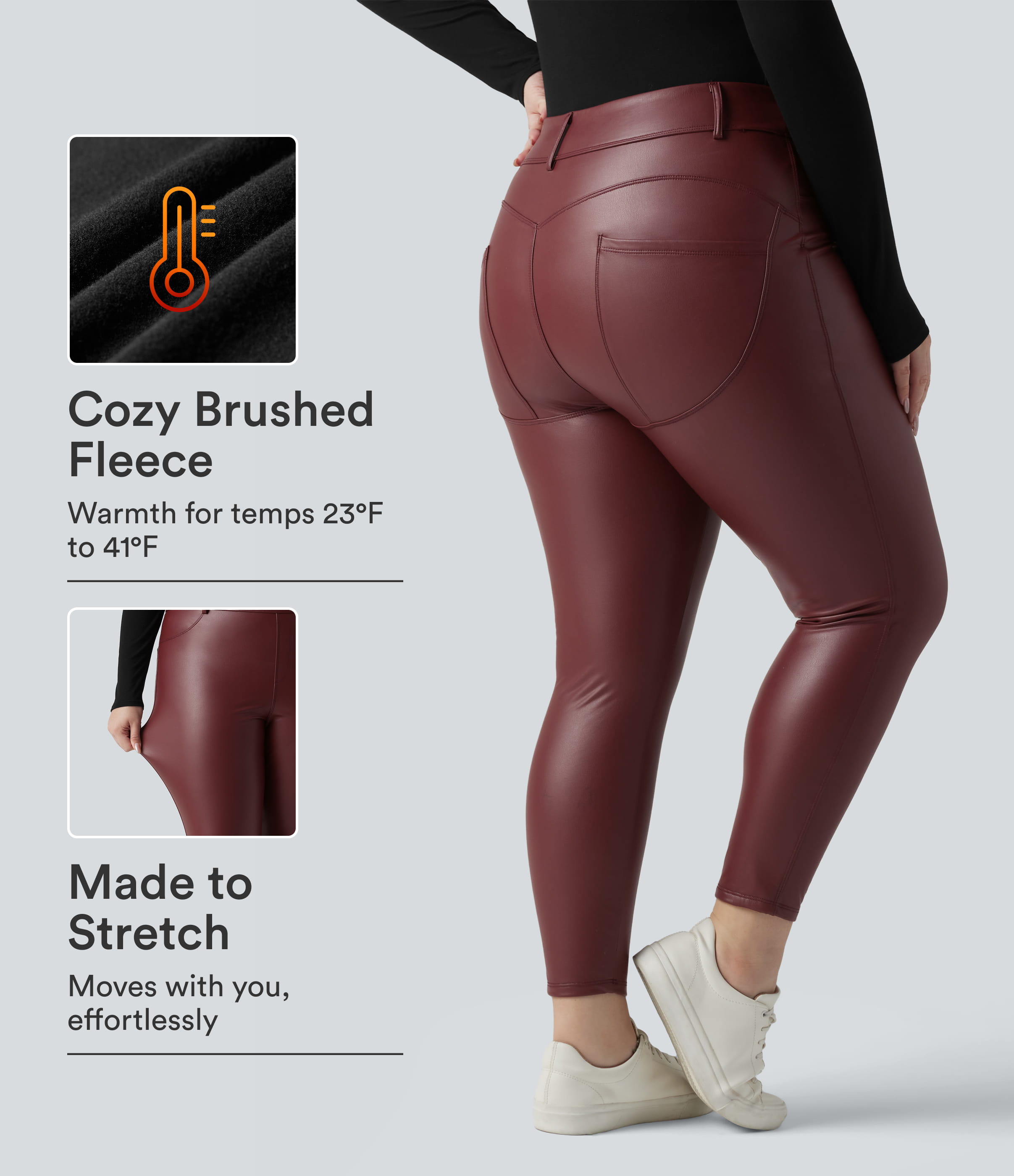 High Waisted Stretchy PU Fleece Casual Plus Size Leggings with Pockets