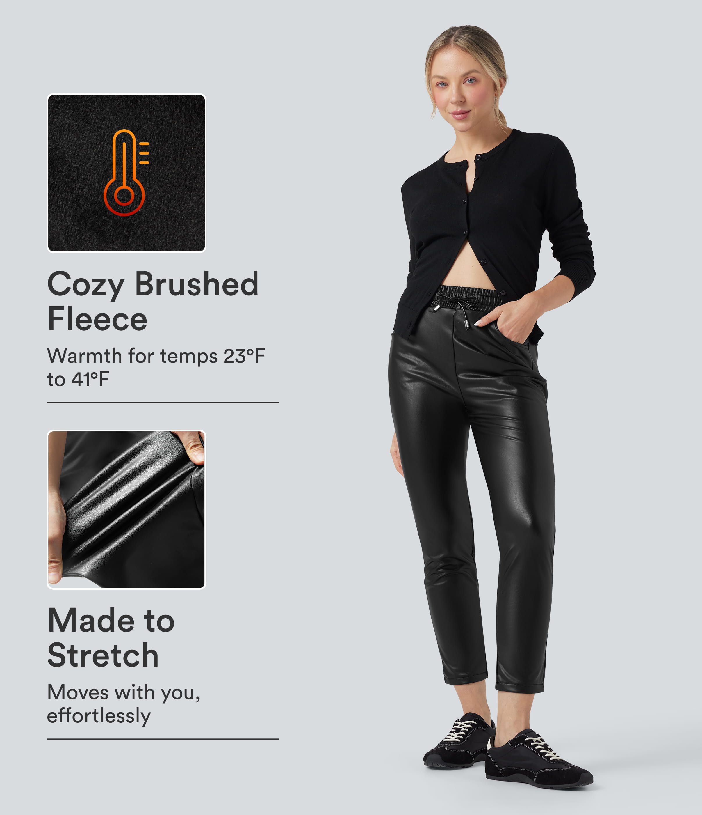 High Waisted Drawstring Stretchy PU Fleece 7/8 Casual Tapered Pants with Pockets