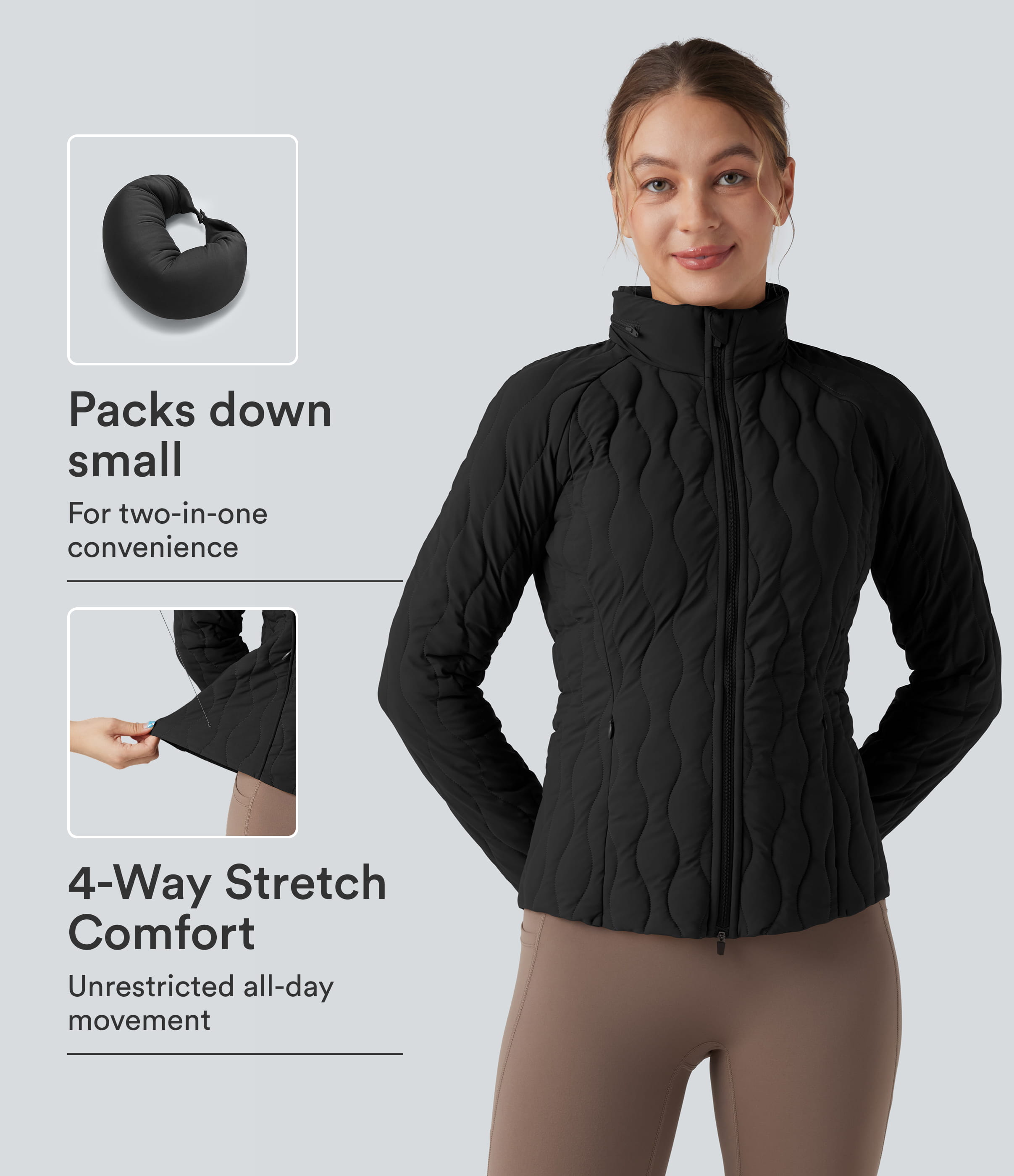 PuffFlex High-neck Thumb Holes Stretchy Workout Padded Jacket with Pockets-Packable Neck Pillow