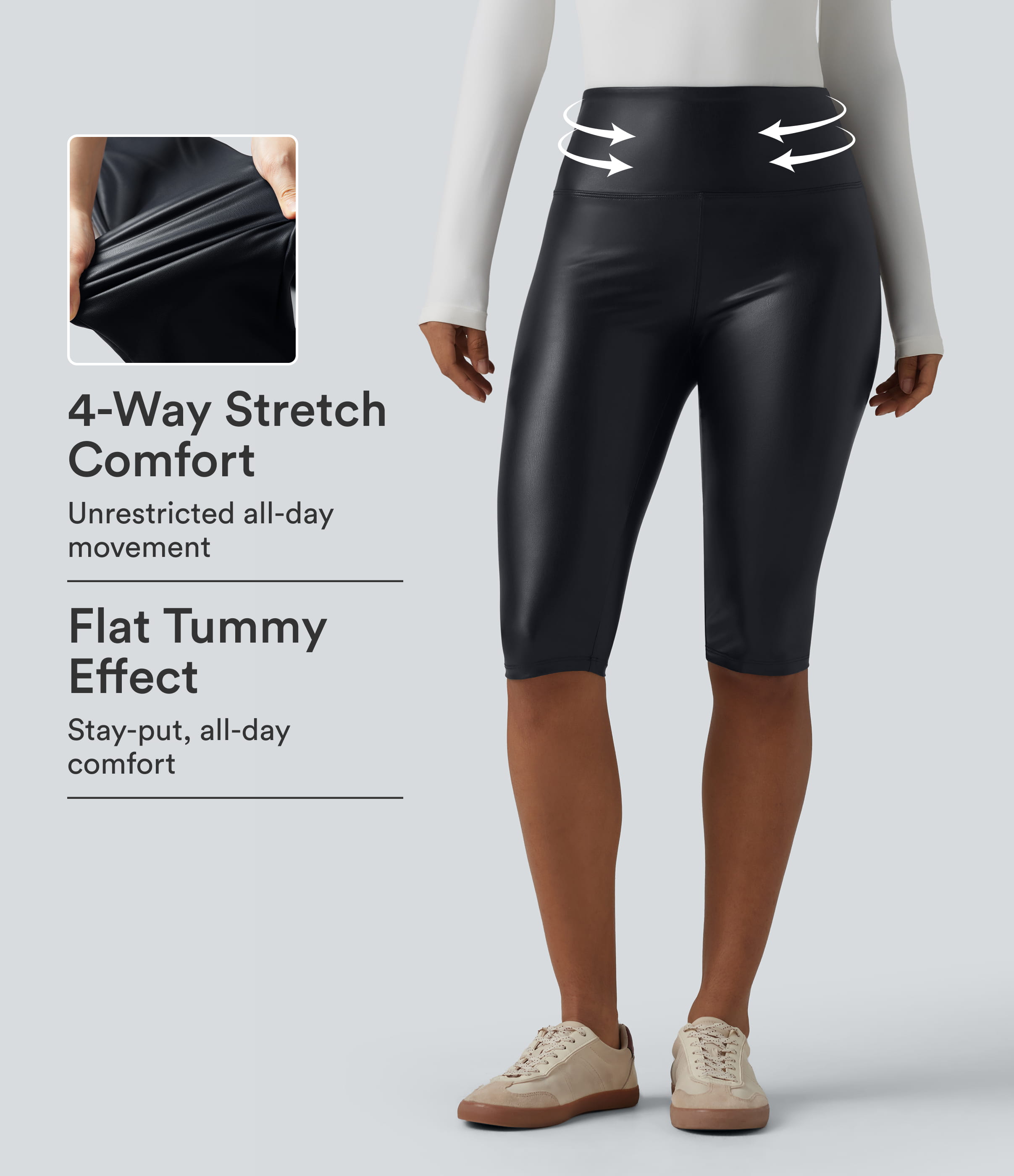 High Waisted Tummy Control Stretchy PU Casual Pedal Pushers Leggings with Pockets