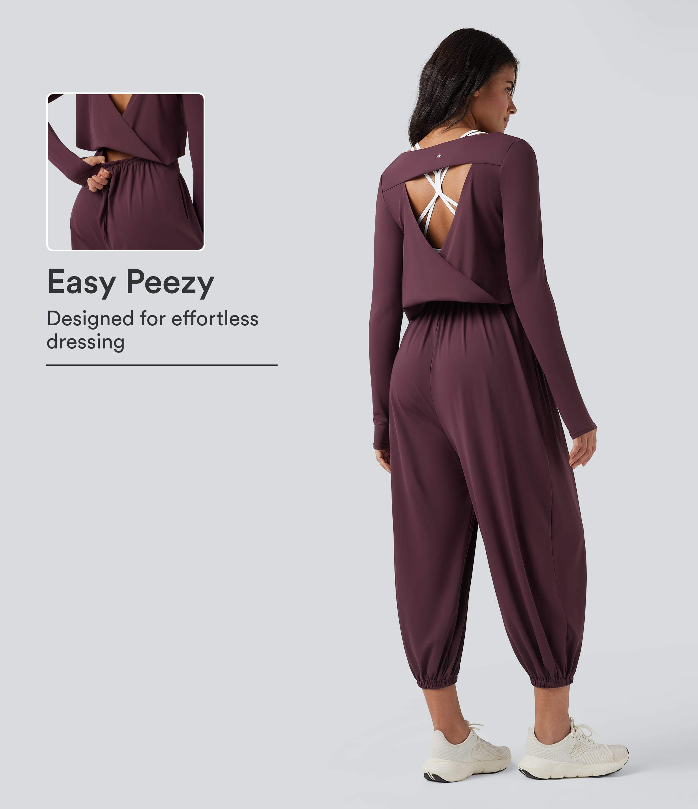 SoftlyZero™ Airy Cut-out Back Long Sleeve Thumb Holes Yoga Jumpsuit with Pockets-Easy Peezy