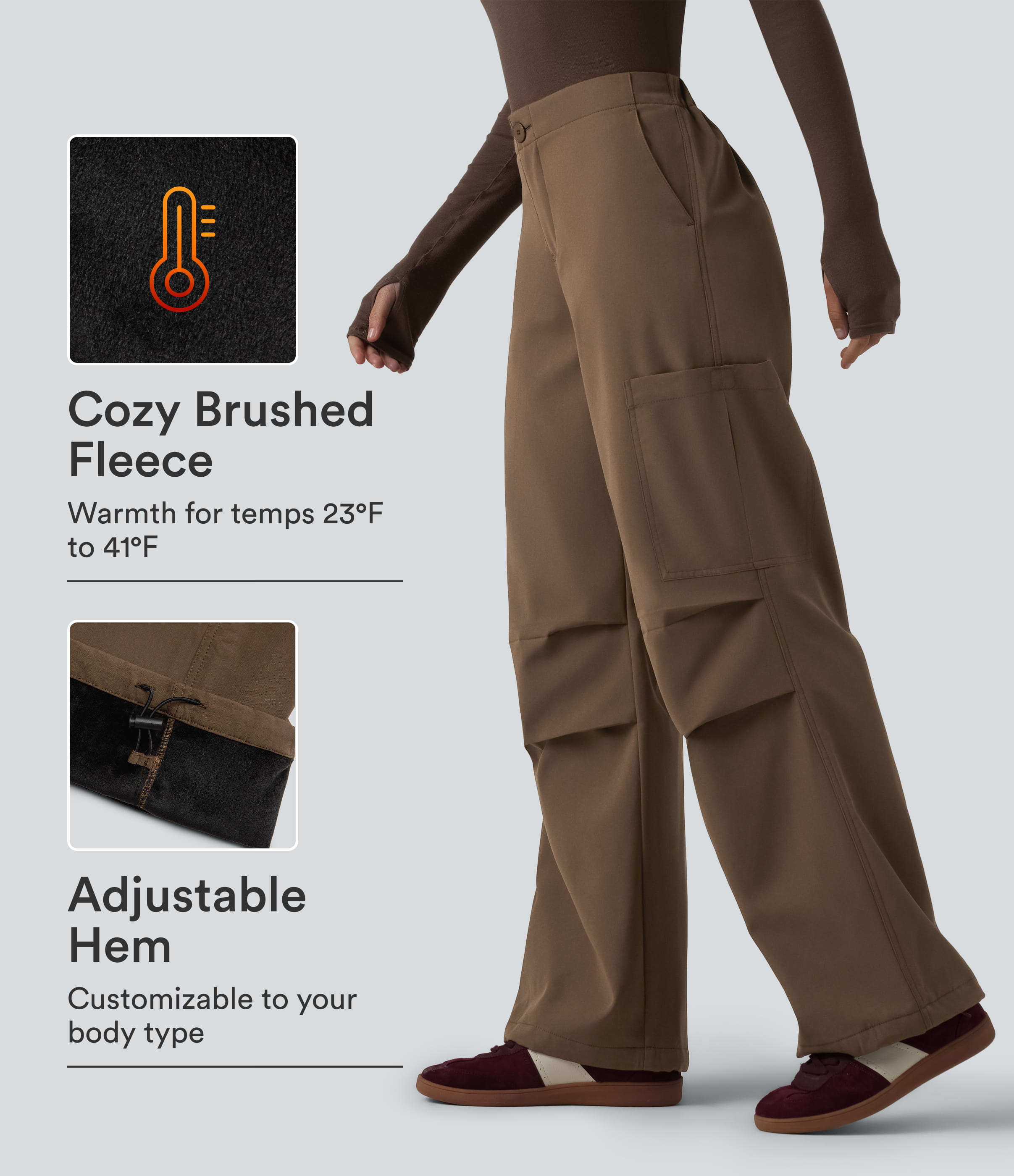 High Waisted Wide Leg Fleece Casual Parachute Pants with Pockets