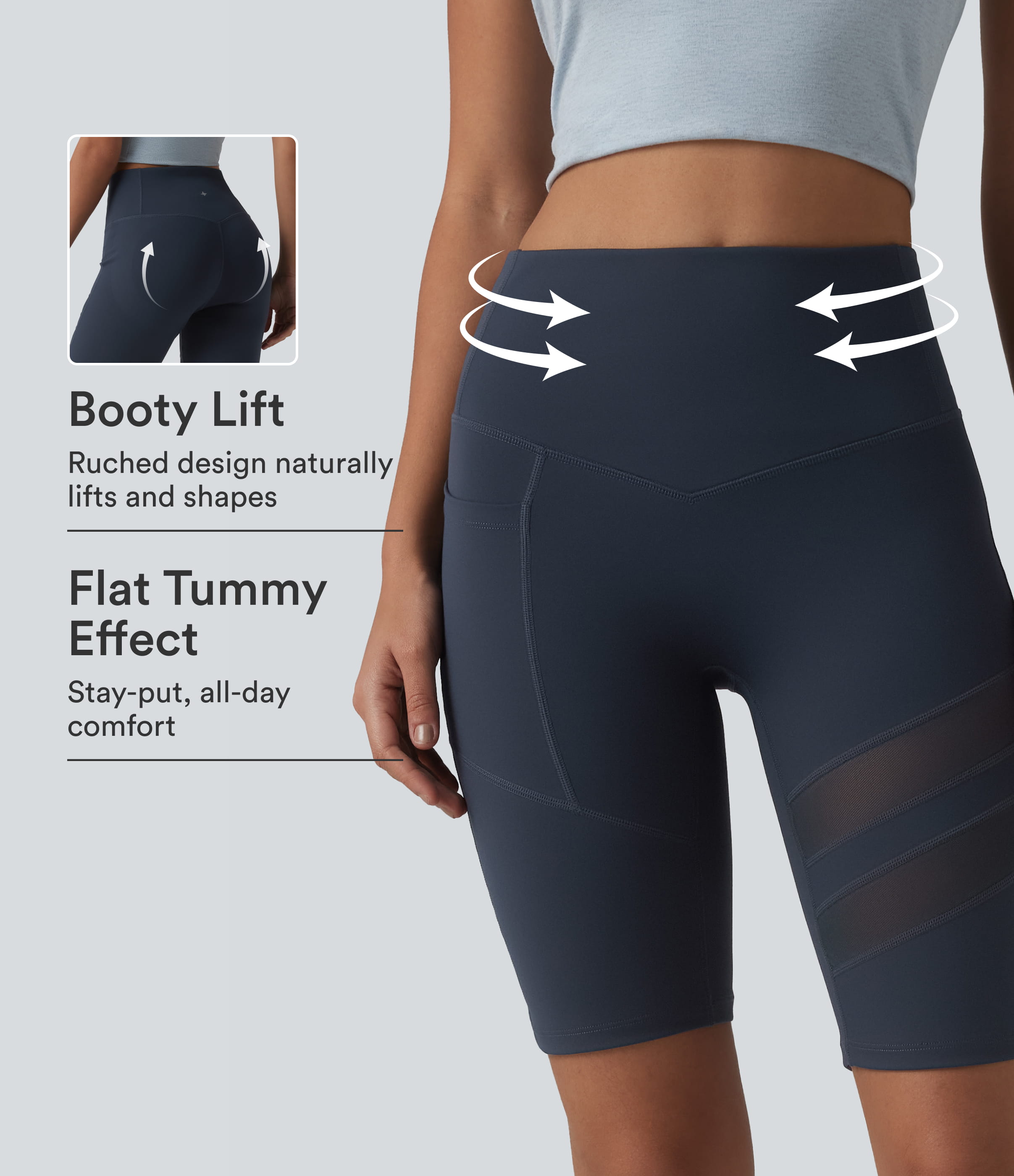 DayStretch High Waisted Tummy Control Butt Lifting Contrast Mesh Casual Biker Shorts 9.5'' with Pocket