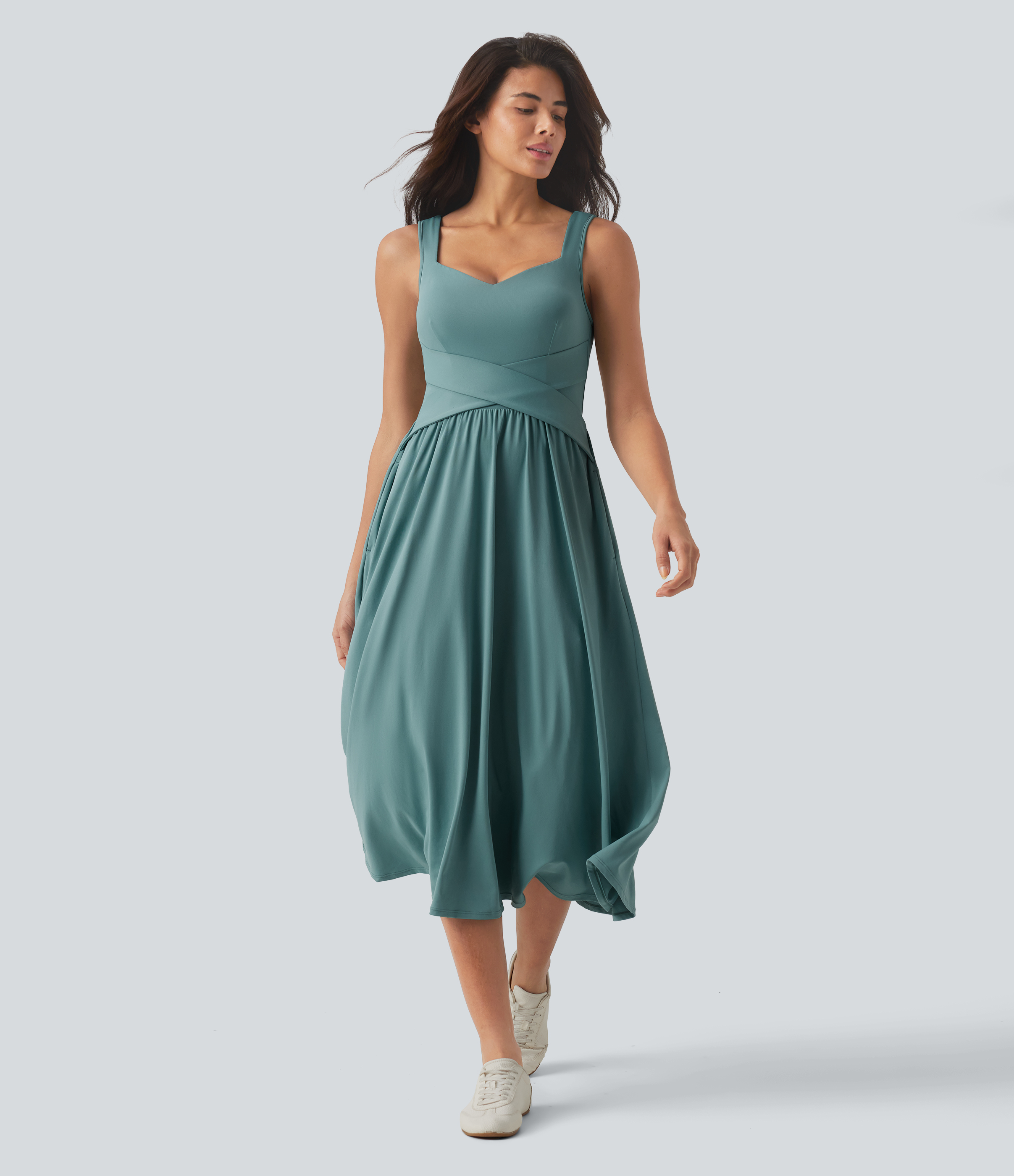Sleeveless Crossover Flowy Midi Casual Dress with Pockets DD-F