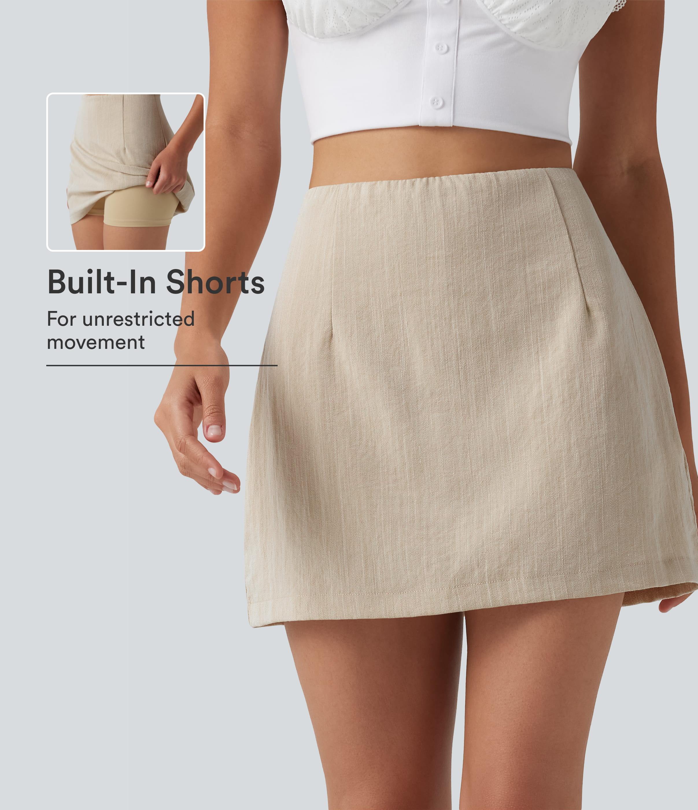 High Waisted 2-in-1 A Line Mini Casual Linen-Feel Skirt