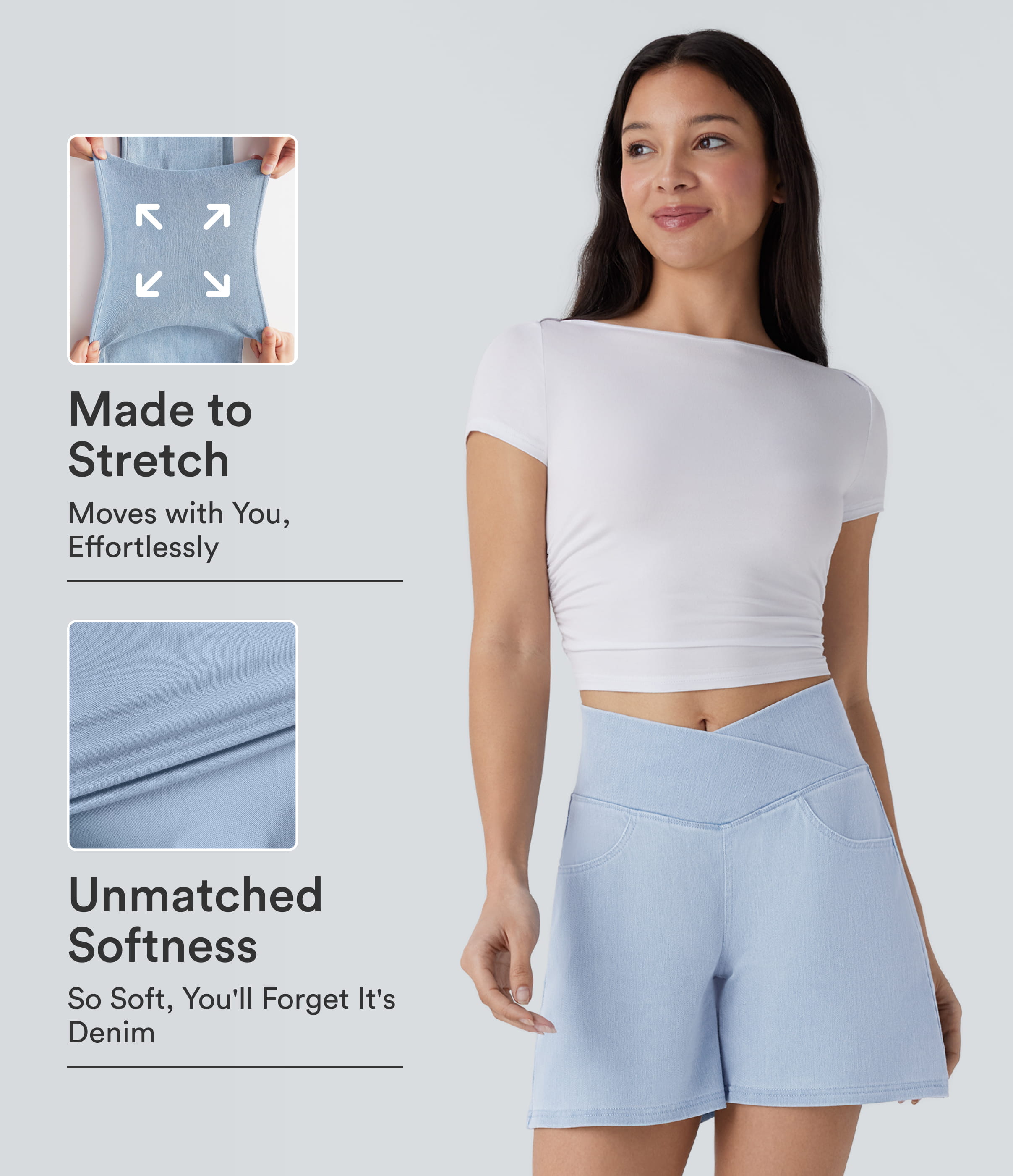 Halara Flex™ Crossover High Waisted Pockets Wide Leg A Line Washed Denim Casual Shorts