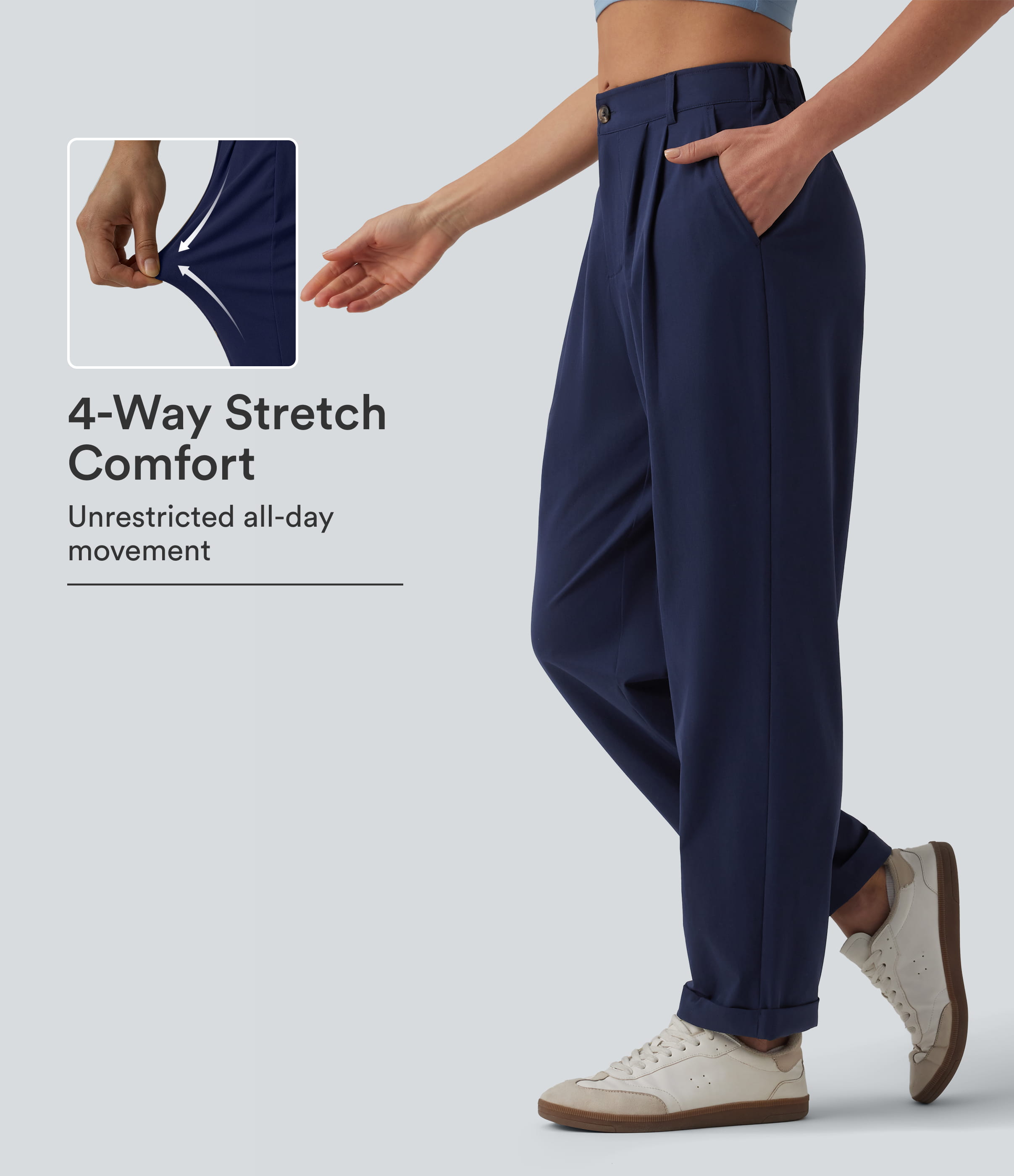 Peacoat Mid Rise Pleated Rolled Hem 7/8 Stretchy Poplin Casual Tapered Pants with Pockets / 1