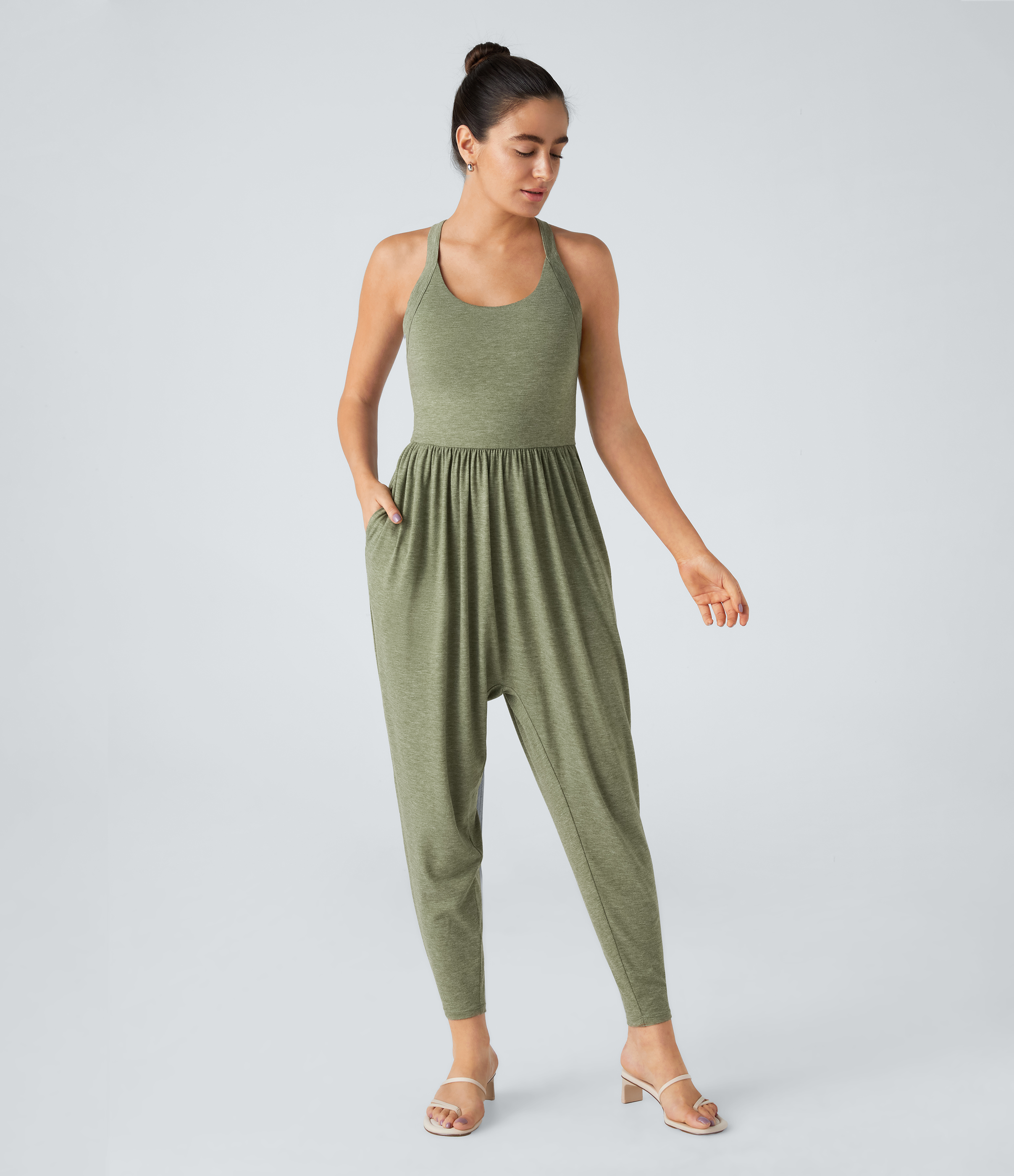Light Green Floral Yarn U Neck Pocket Harem Casual Jumpsuit-Easy Peezy Edition / 2