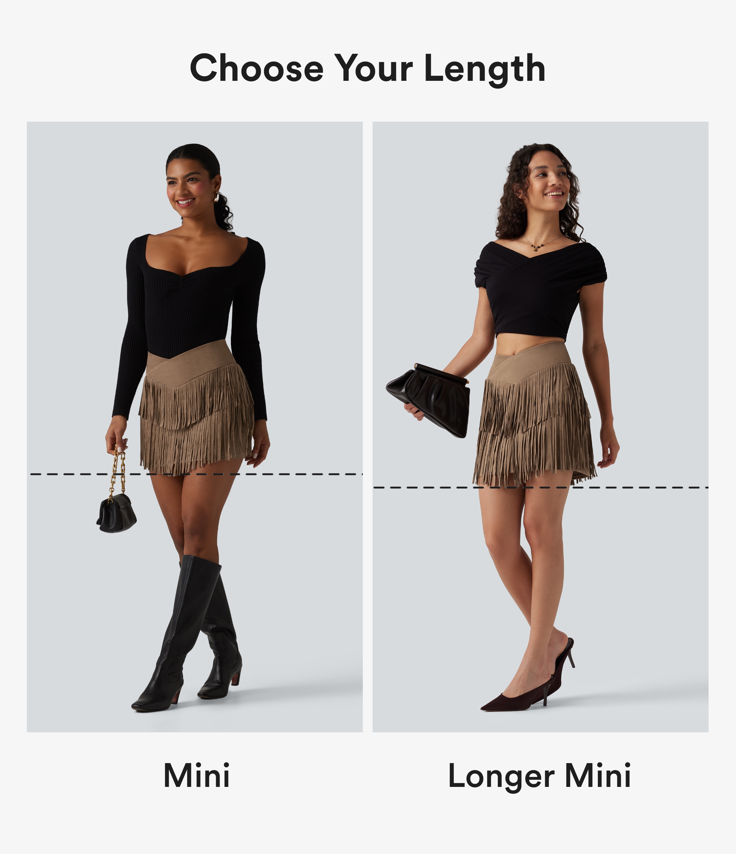 Coca Mocha Crossover High Waisted 2-in-1 Fringe Hem Bodycon Mini Suede Party Skirt-Longer Length / 2