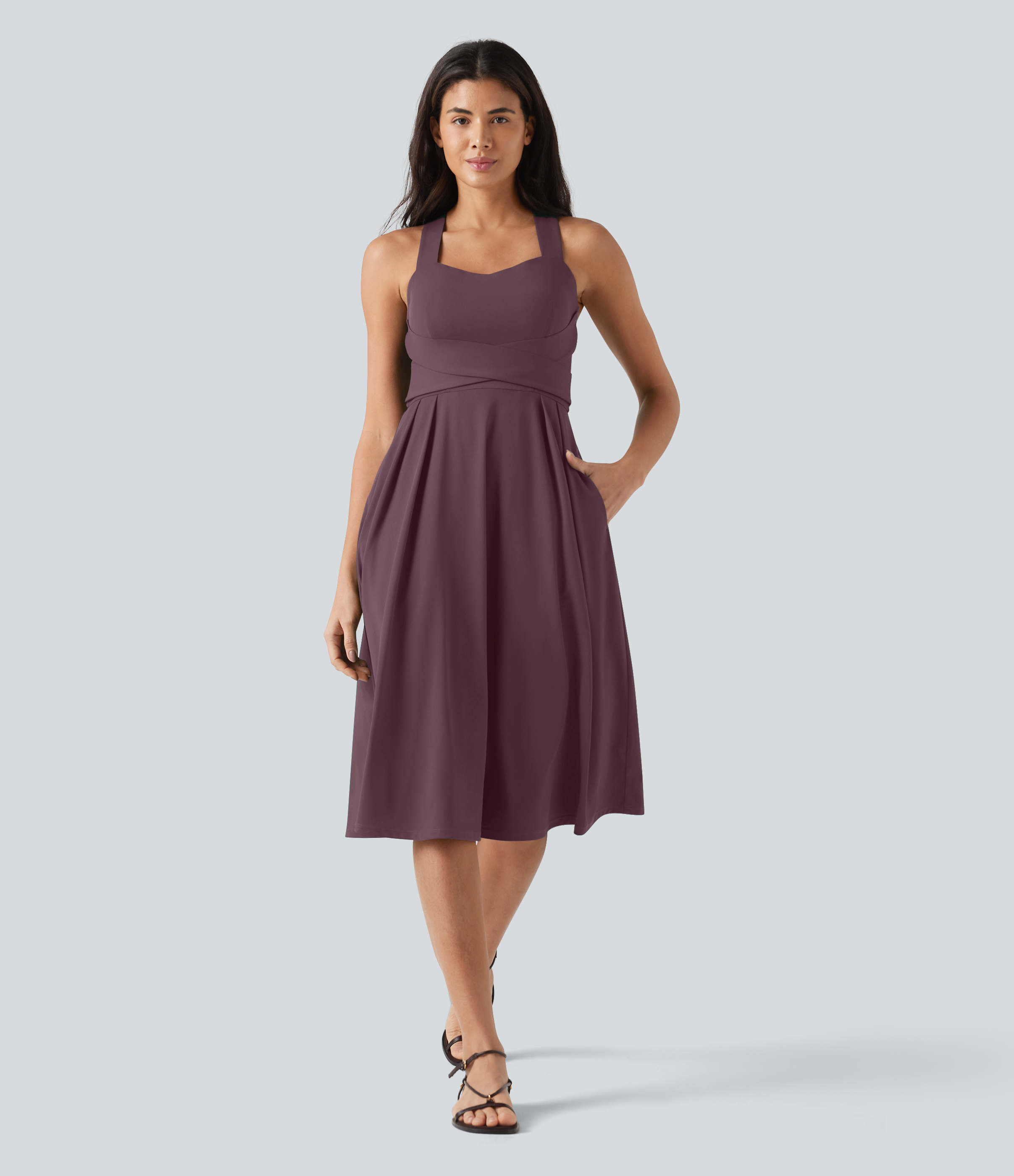 Sweetheart Neck Sleeveless Crisscross Tie-back Midi Casual Flowy Dress with Pockets