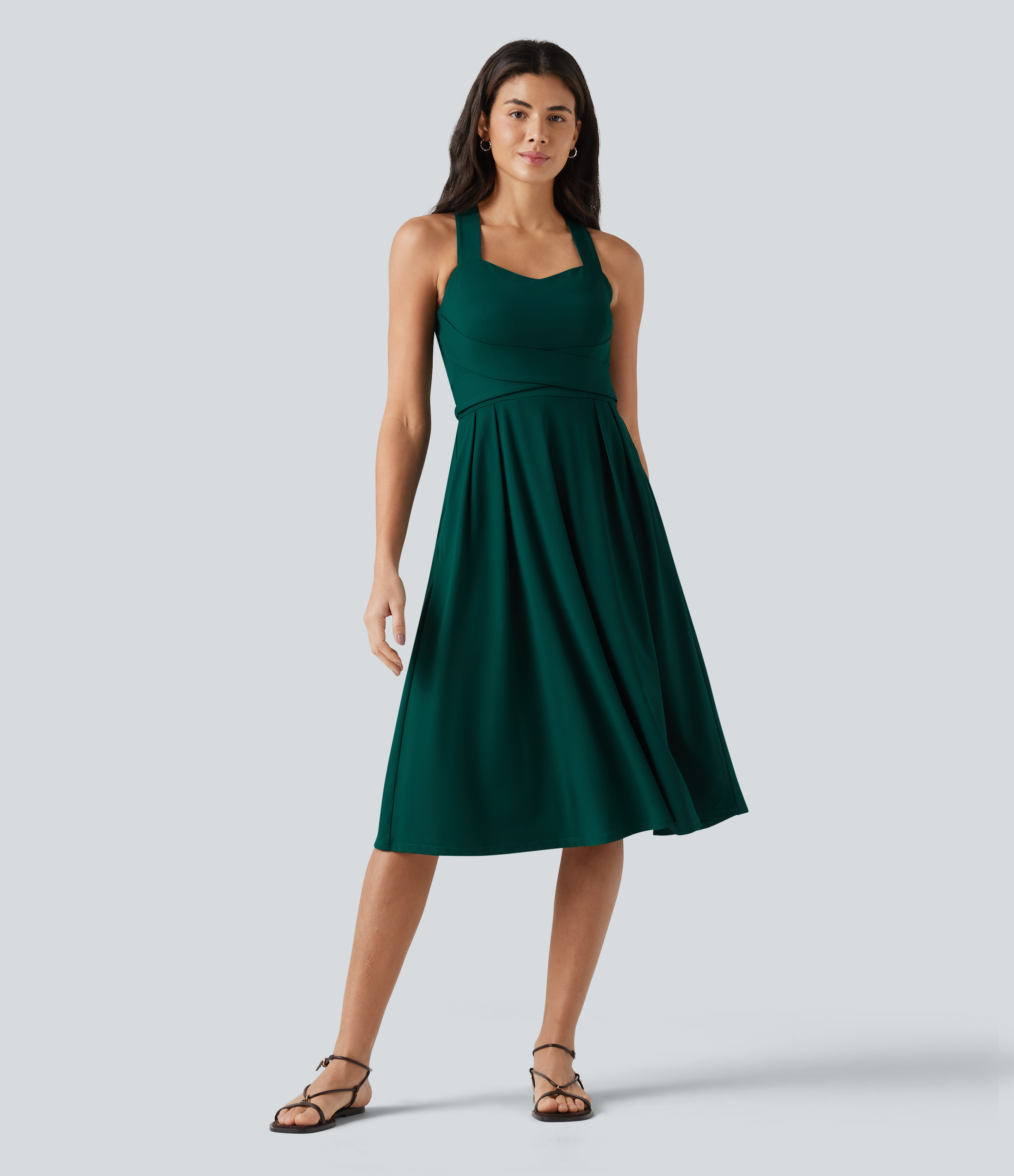 Sweetheart Neck Sleeveless Crisscross Tie-back Midi Casual Flowy Dress with Pockets