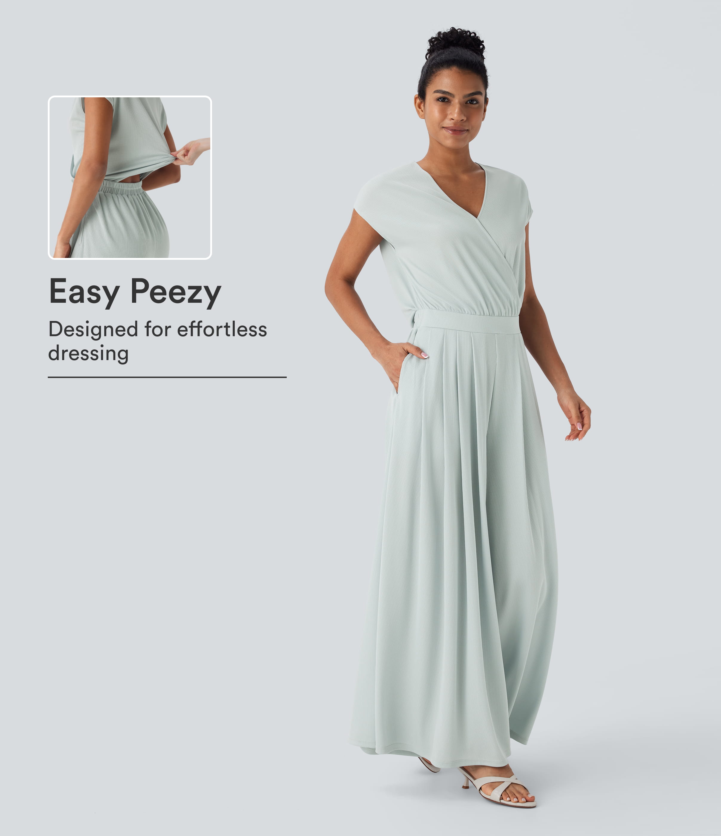 Frost Clear Haze V Neck Short Sleeve Pocket Wide Leg Flowy Waffle Casual Jumpsuit-Easy Peezy Edition / 1