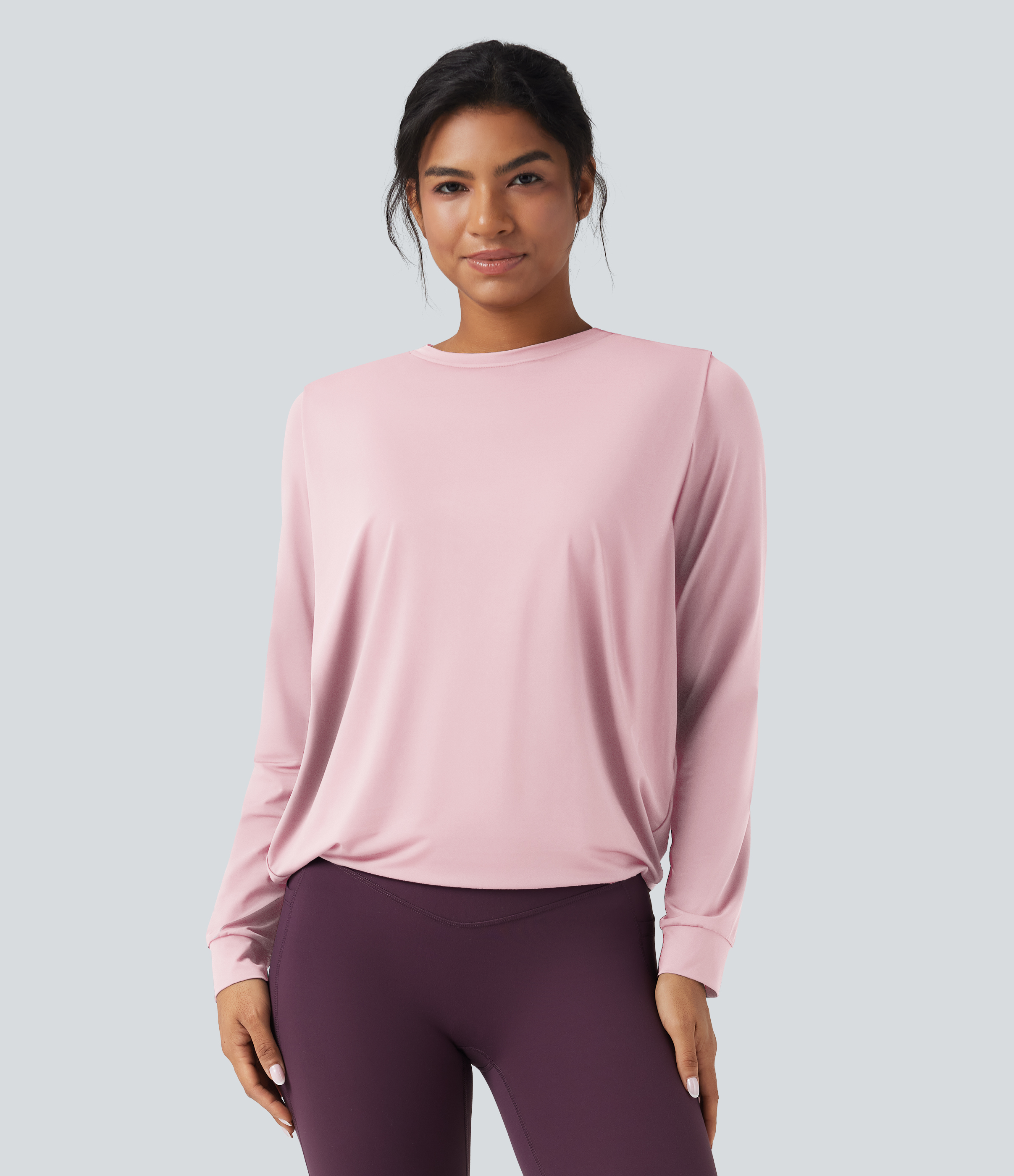 Round Neck Long Sleeve Ruched Yoga Sports Top-UPF50+