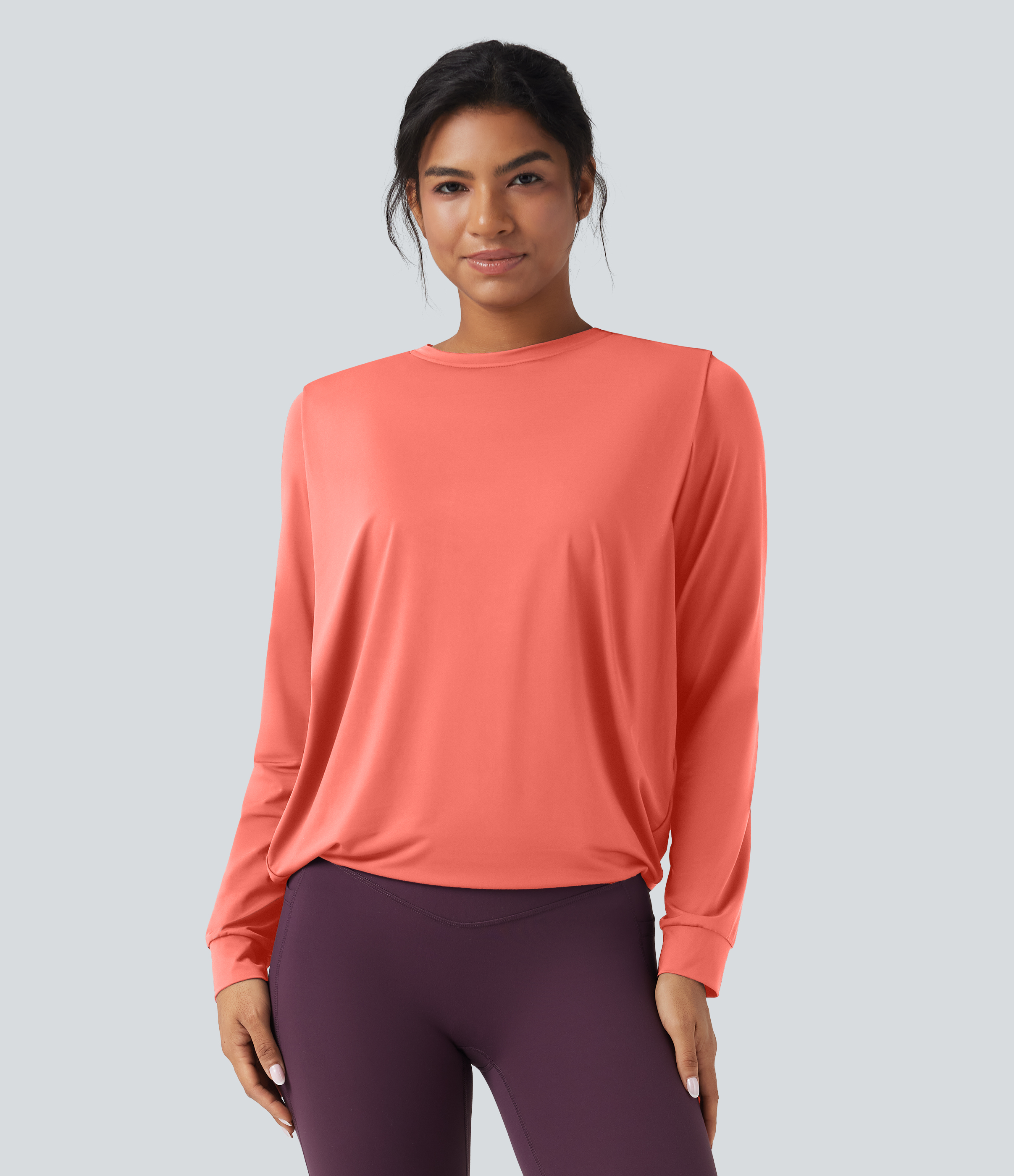 Round Neck Long Sleeve Ruched Yoga Sports Top-UPF50+