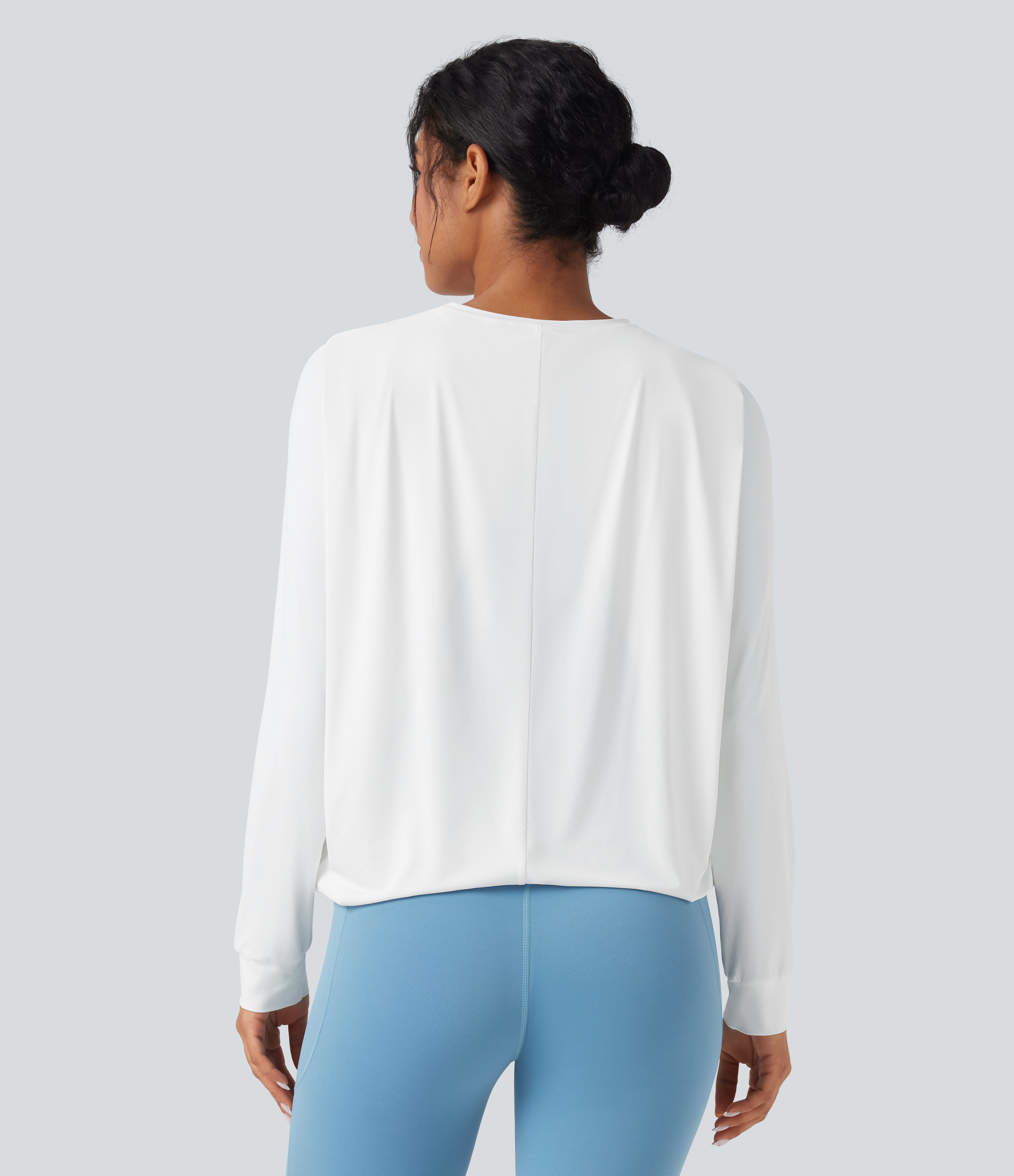 Blanco Top deportivo de yoga fruncido de manga larga con cuello redondo - UPF50+ / 2