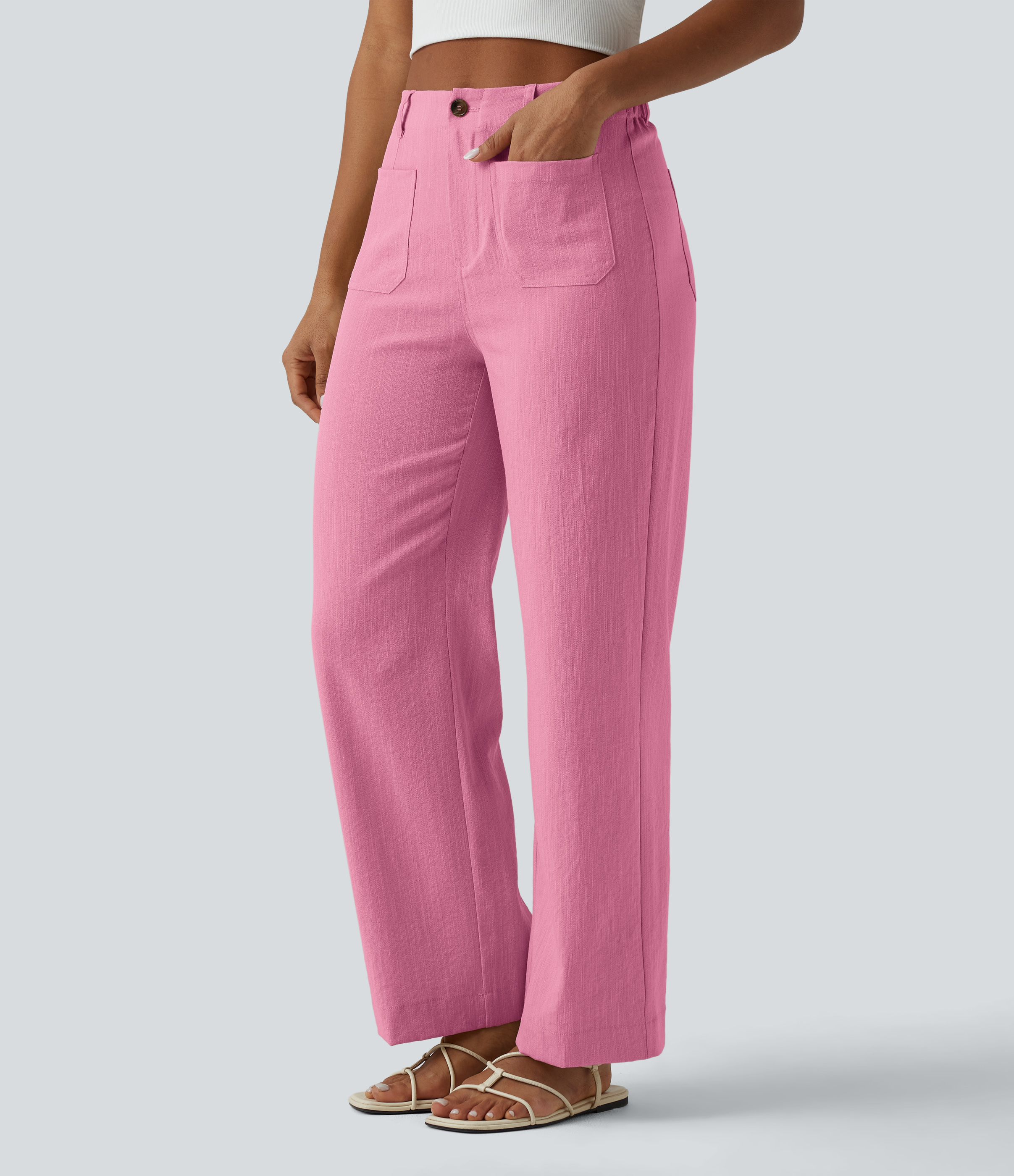 High Waisted Straight Leg Casual Linen-Feel Pants with Pockets