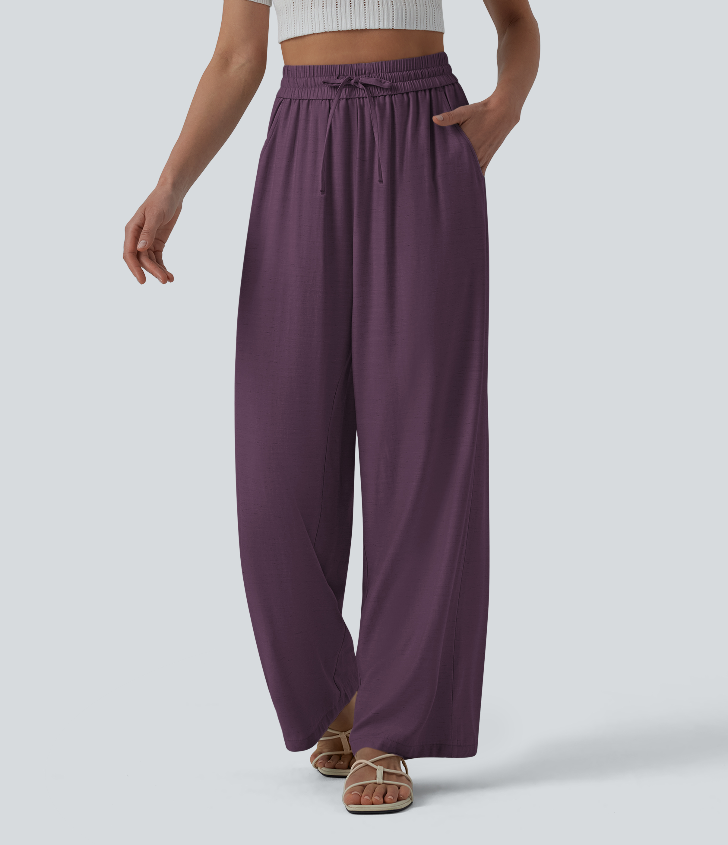 Lässige Leinen-Hose mit hohem Bund, Kordelzug, weitem Bein und Taschen