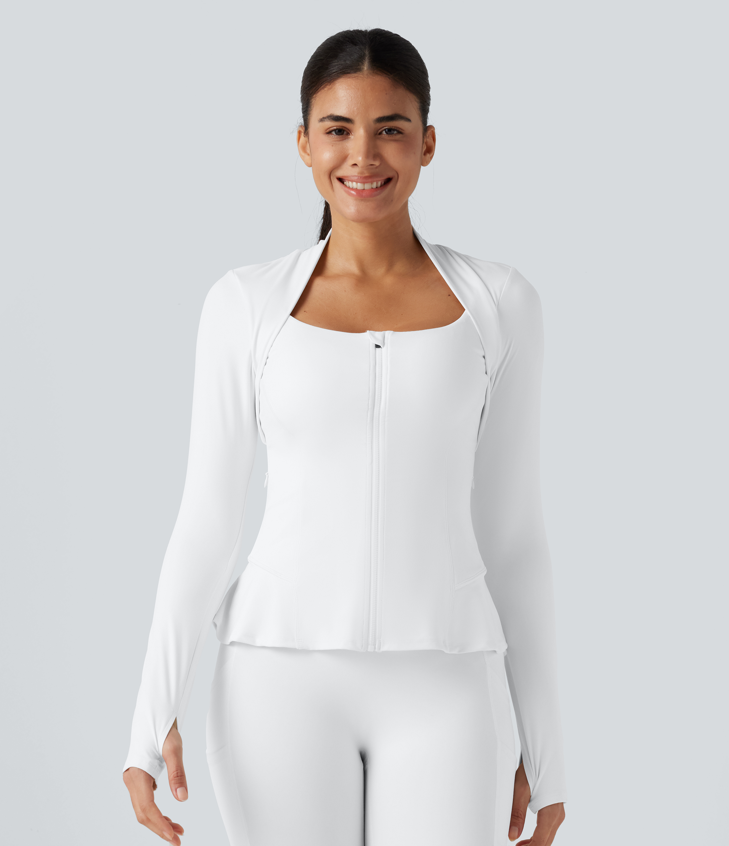 Halara UltraSculpt™ Push-Up Long Sleeve Thumb Hole Zipper Ruffle Hem Yoga Curvy Jacket