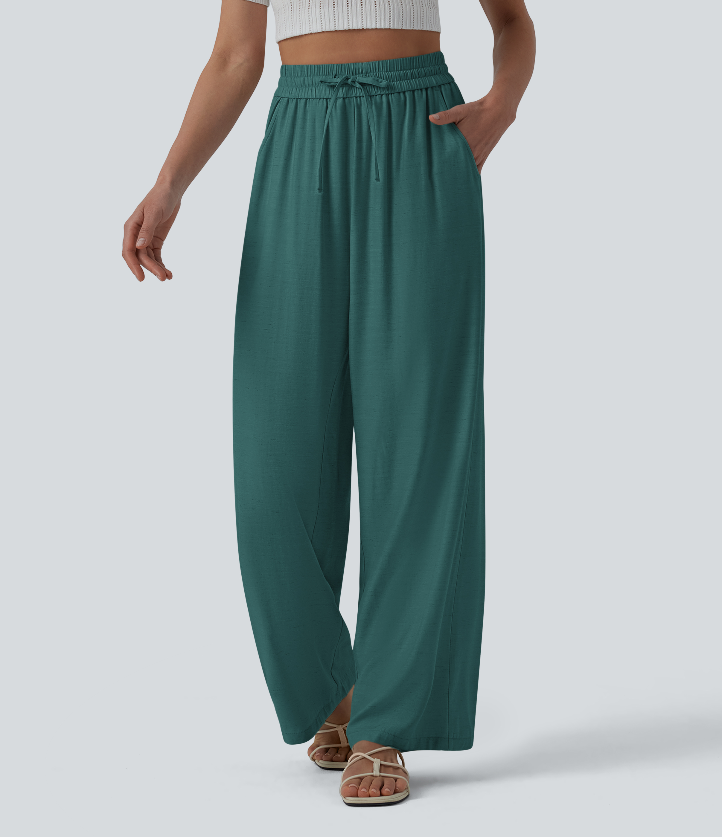 Pantalones casuales de talle alto con cordón, de pierna ancha, en mezcla de lino, con bolsillos