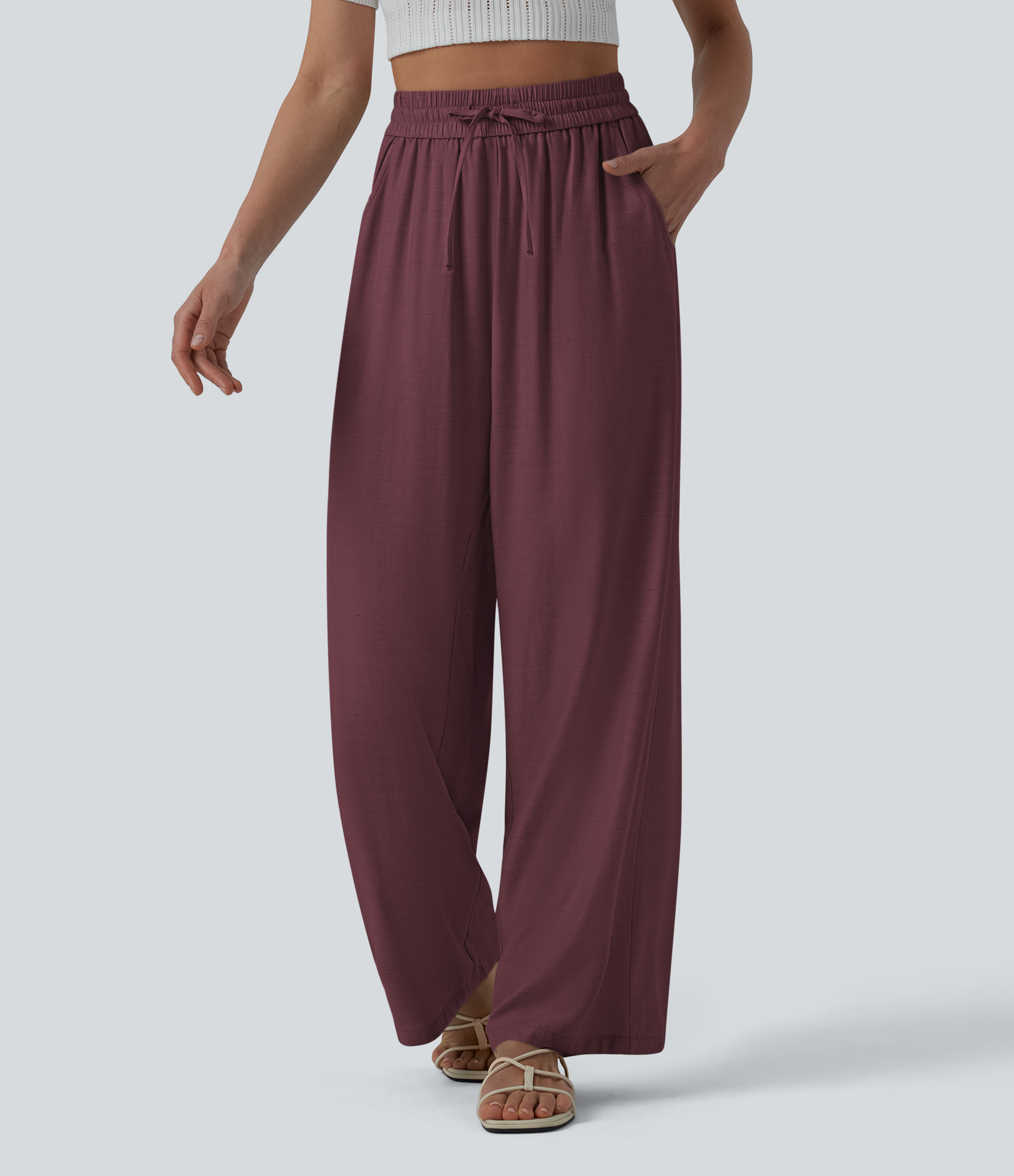 Lässige Leinen-Hose mit hohem Bund, Kordelzug, weitem Bein und Taschen