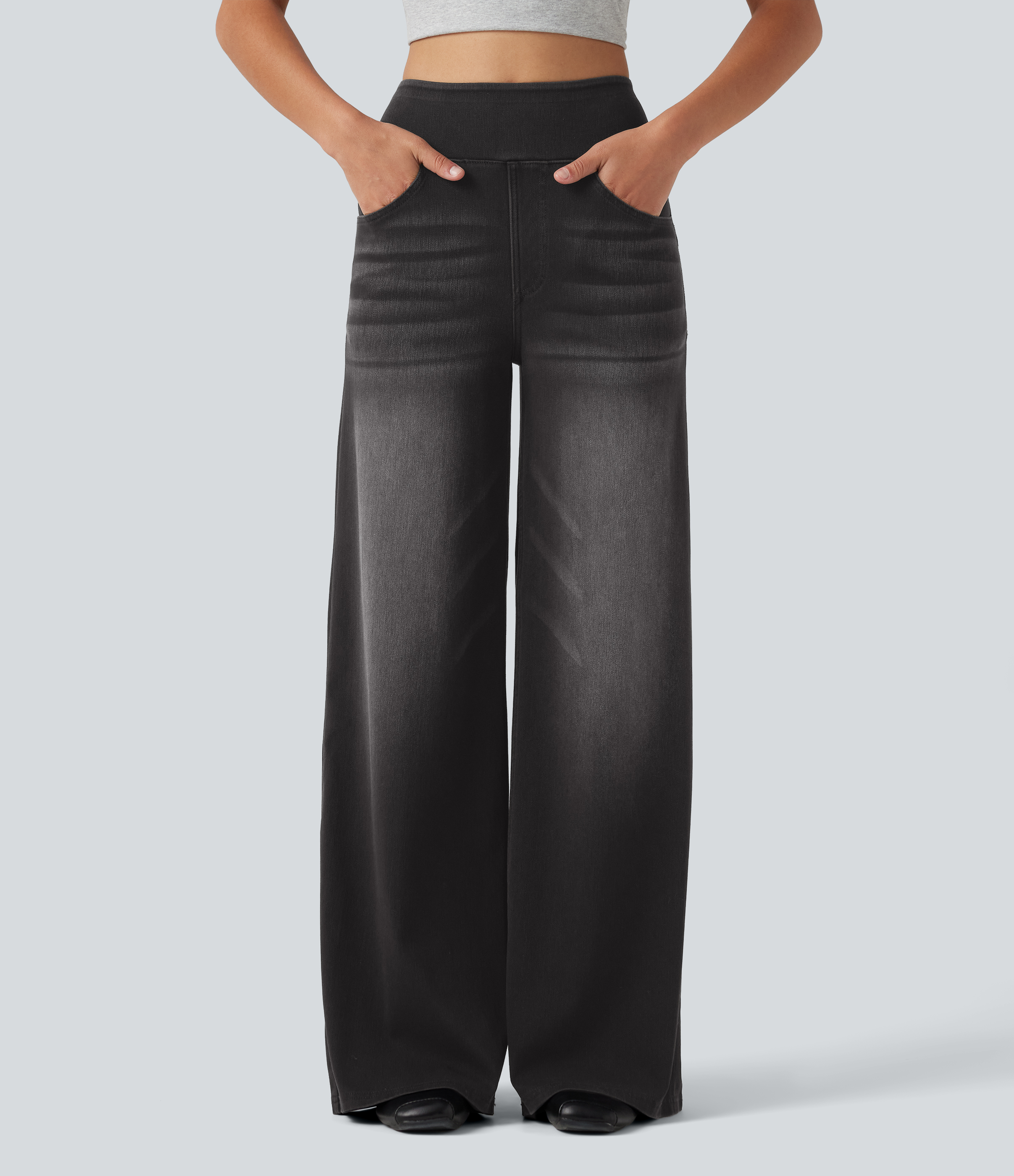 Halara Flex™ High Waisted Wide Leg Washed Casual Jeans with Pockets