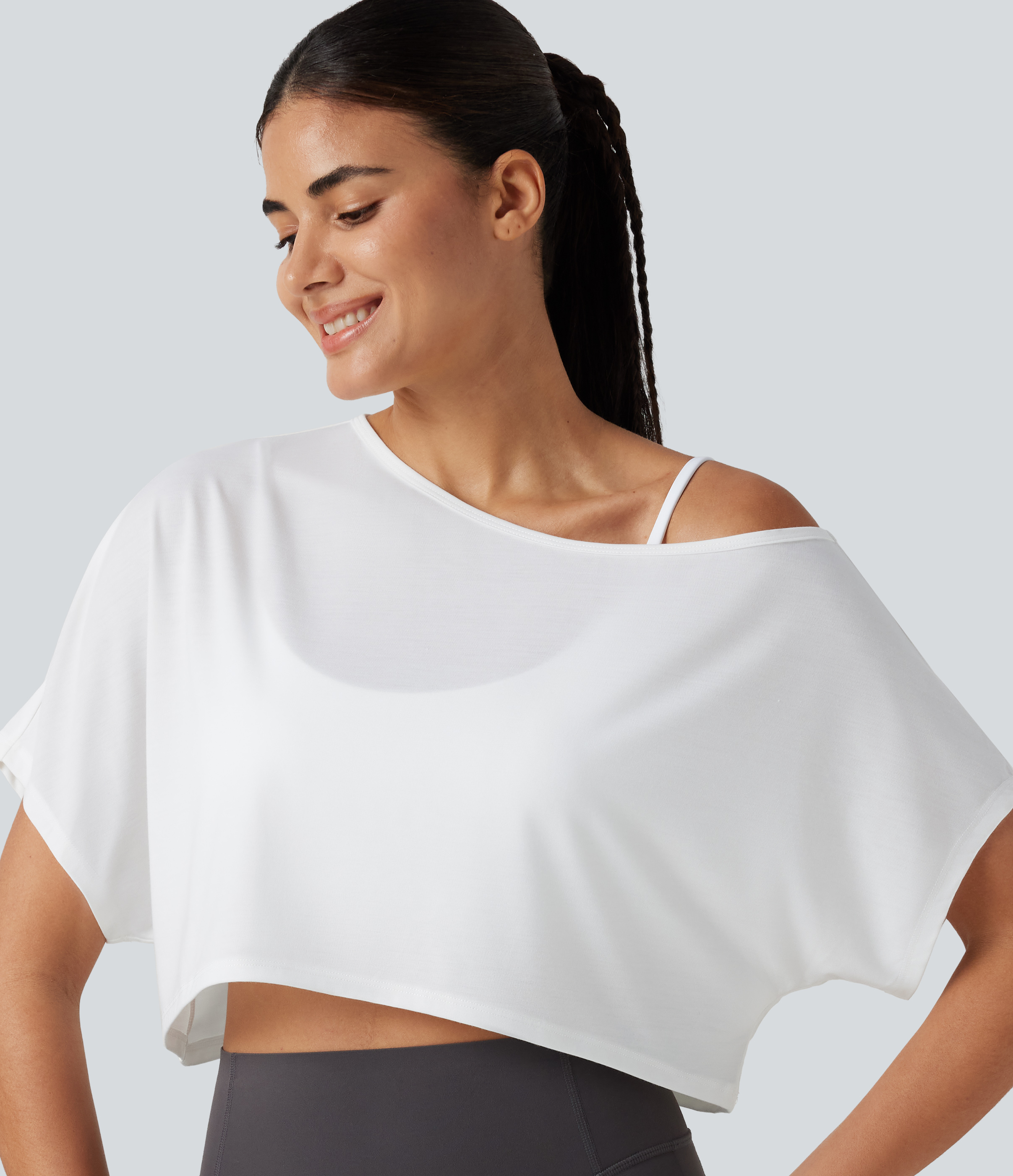 One Shoulder Short Sleeve Built-in Bra Quick Dry 2-Piece Cropped Yoga Sports Top